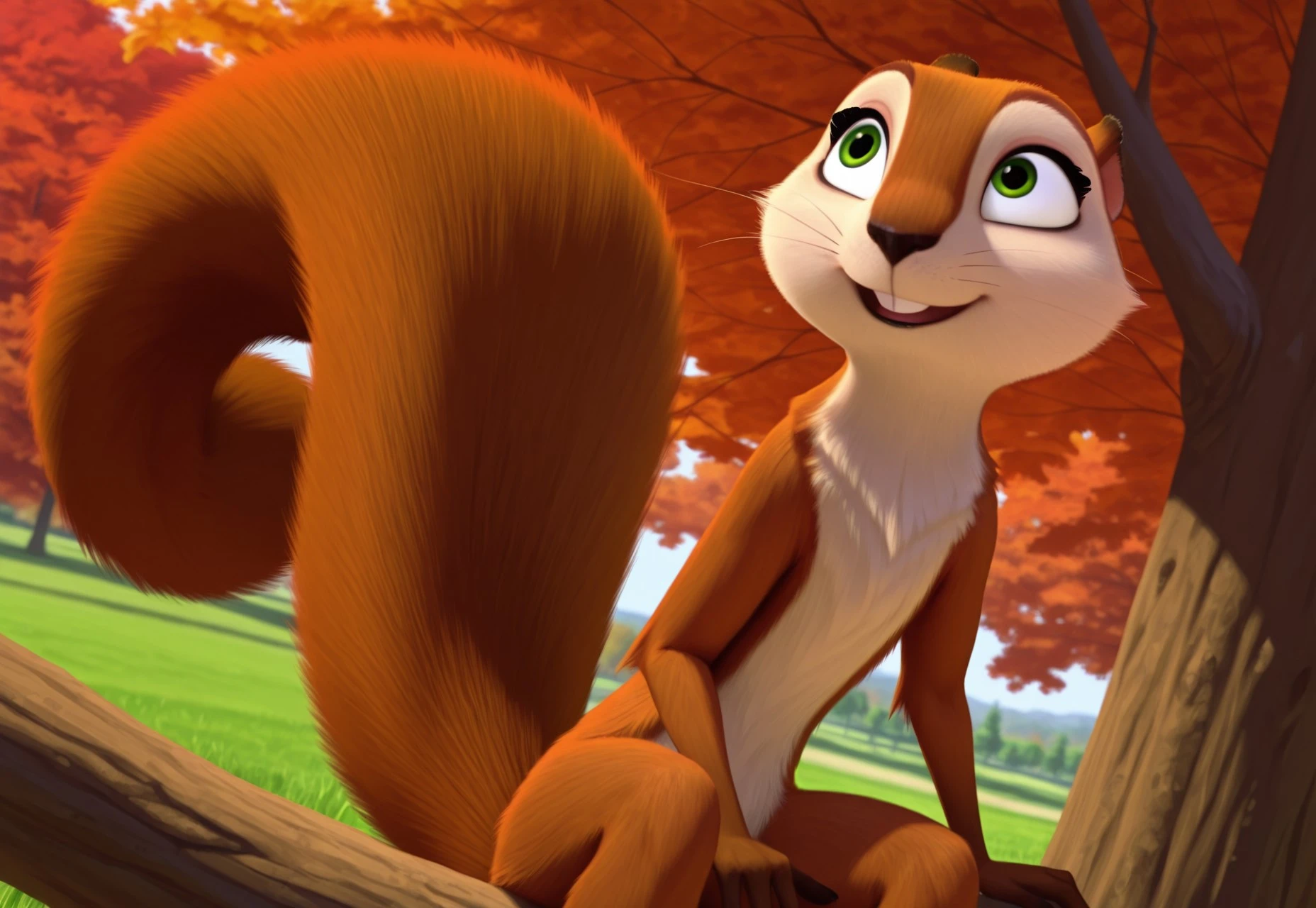 uncensored, masterpiece, best quality, highly detailed, 1girl, solo, AndieTNJ, female furry, feral, rodent, tree squirrel, black nose, green eyes, black pupils, brown body, brown fur, white fur, two tone body, two tone fur, whiskers, squirrel tail, open mouth, looking away, looking up, sitting, outdoors, grass, park, (sitting on top of tree branch, arm rest), windy, autumn leaves, outdoors, (front view), detailed background, three-quarter portrait, (4 fingers), dutch angle, high-angle view, wide eyes, smile, buckteeth, teeth, high elevation, brown legs