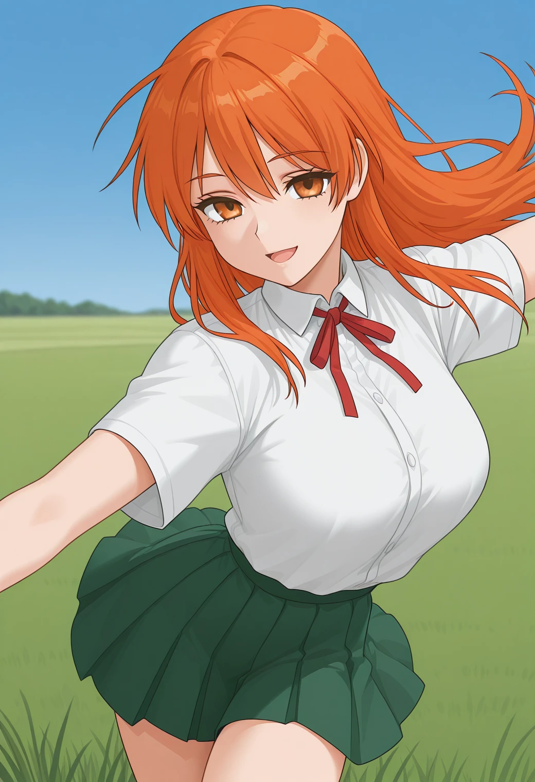 mx-13_serio, orange eyes, orange hair, long hair, school uniform, neck ribbon, white shirt, short sleeves, green skirt, <lora:HMX-13_Serio_illustrious_ver2:0.7> 
smile, open mouth, cowboy shot,, masterpiece, best quality, sensitive,, 1girl, solo, blue sky, grasslands,  looking at viewer,, (dynamic pose:1.4), (upside-down:-1),