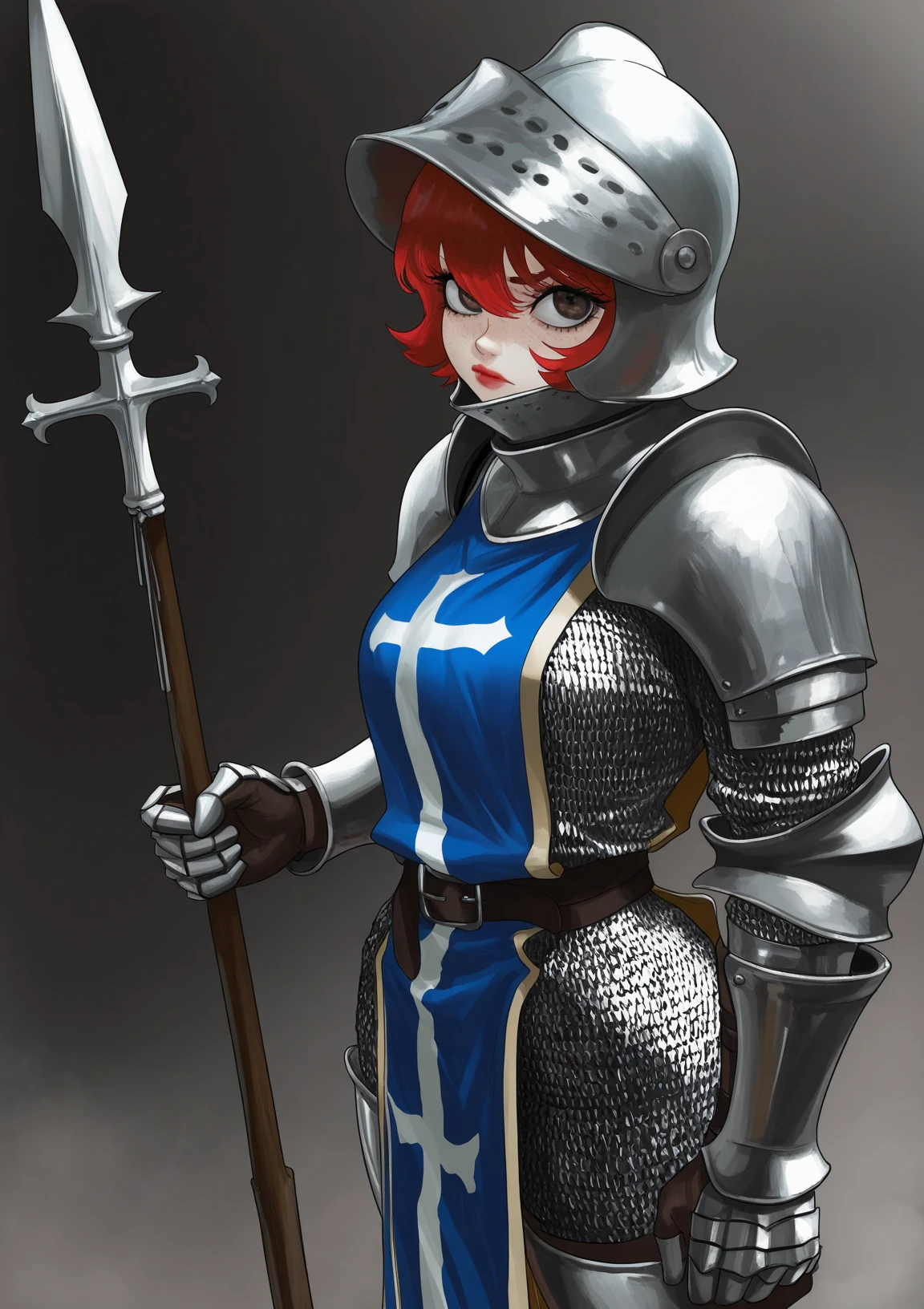 1girl, steel armor, chainmail, tabard, holding spear, cross symbol, masterpiece, best quality, newest, absurdres, highres, new, ryandomonica, noblood, aka6