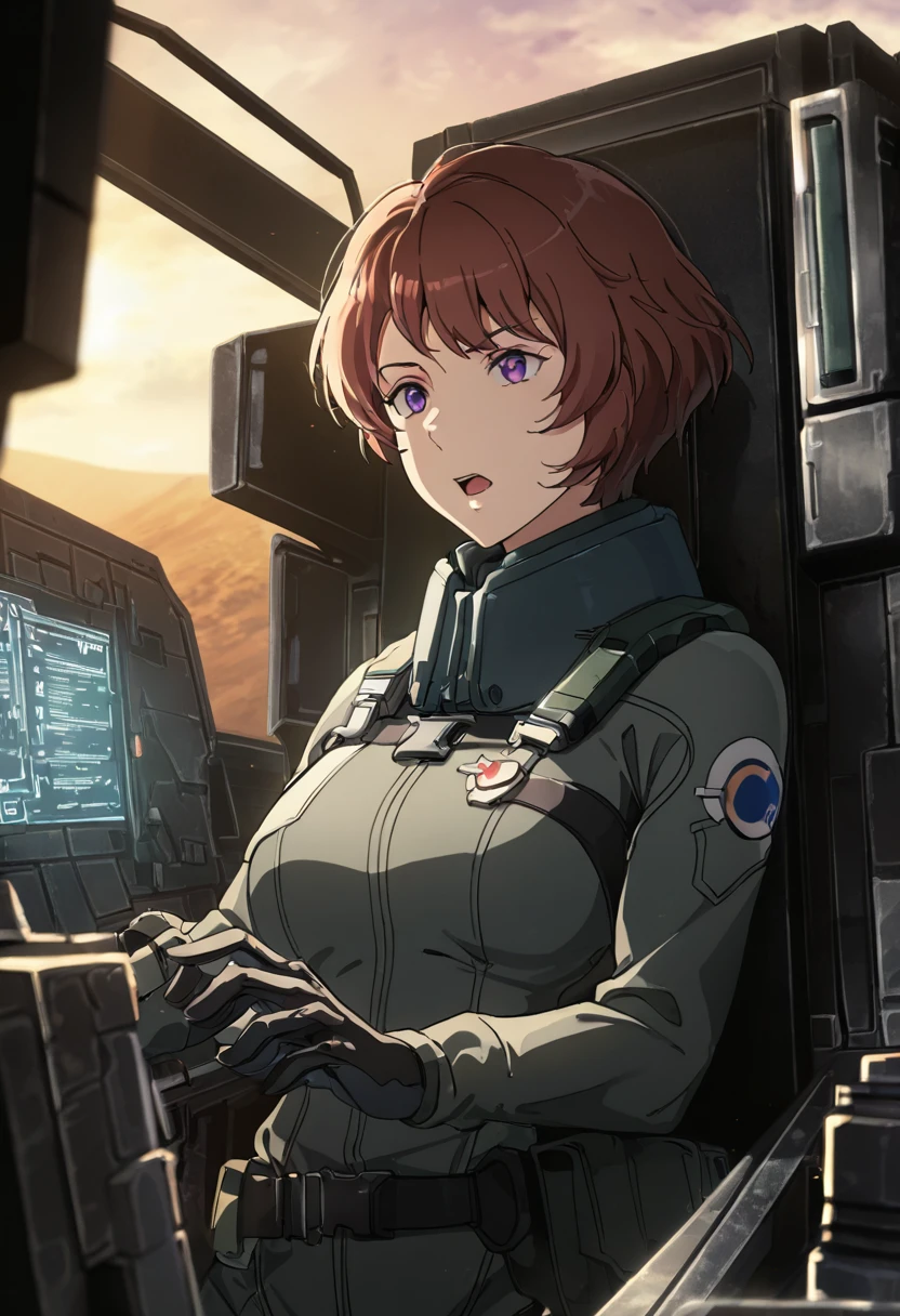 High quality, super detailed, 4K, 1girl, 独奏, beautiful girl.((short hair、wavy hair、brown hair、jitome、brown eyes、green military uniform、curvy、under-rim eyewear:1.2))、surprised, Gundam Wing Cockpit,Joystick,Seat belt,Sitting, masterpiece, Highest quality, Super detailed, High resolution,4K,(Very detailed:1.4) (figure:0.5), (Ray Tracing,:0.8),(Anime Color:0.7),(AI-generated:0.5)