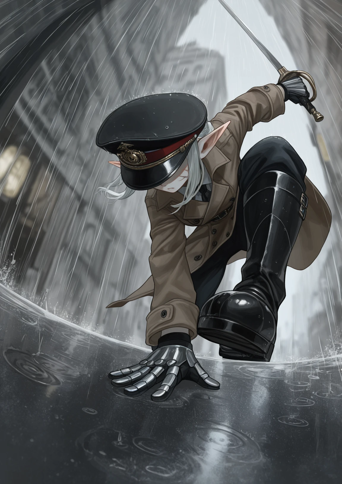 view from below, high FOV, fisheye, movement trails, raining, victorian city street, blurry background, 1girl, (hidden face:1.2), scar on cheek, fighting, holding sword, massive steel gauntlets, elf ears, trenchcoat,peaked cap,,, masterpiece, best quality, newest, absurdres, highres, new, ryandomonica, noblood, solipsist:0.45,au \(d elete\):0.9,yui \(tamagohan\):0.25,zuiz, (narrative-rich composition), (dramatic angle,dynamic angle,dynamic pose:1.1),
