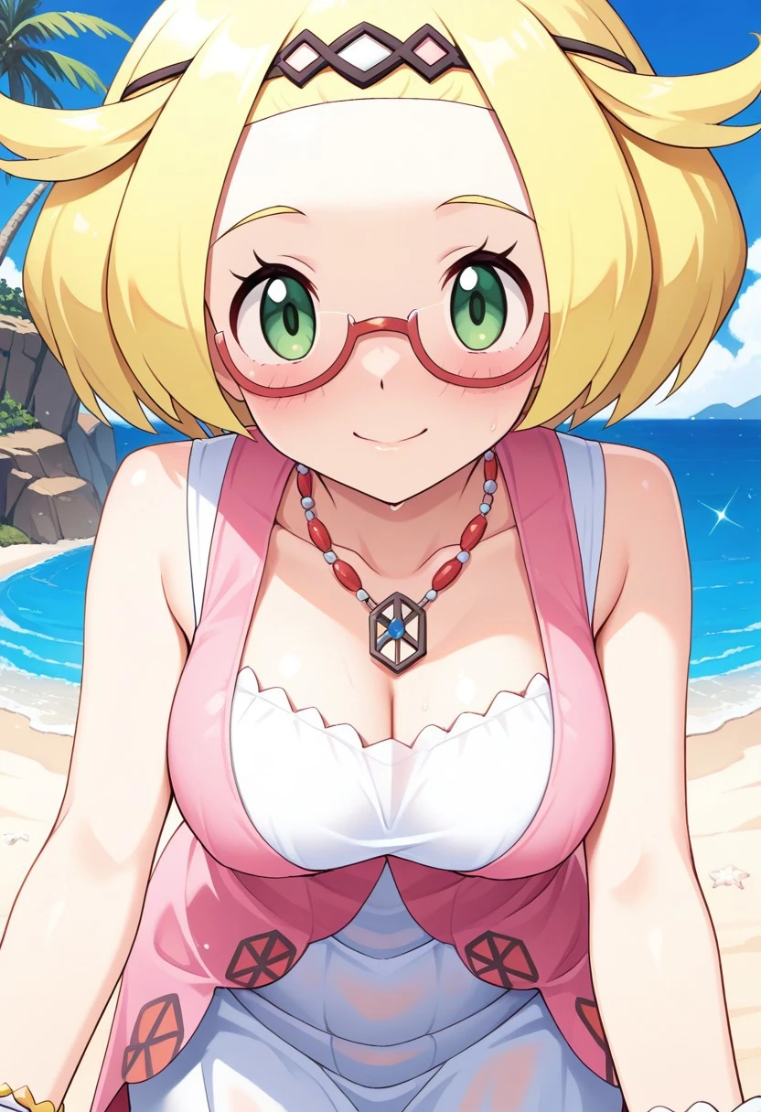 2d, masterpiece, best quality, amazing quality, 1girl, solo, close-up, standing, smile, upper body, leaning_forward, looking at viewer, sparkle, beach, sand, sky, sunny day, masterpiece, best quality, amazing quality, highres, absurdres, newest, toes, toe scrunch, blushing ,hairband, sleeveless dress, white dress, pink dress, bracelet, necklace, bianca \(pokemon\), blonde hair, green eyes, semi rimless eyewear, red eyewear, glasses, mature female, adult body, grown up