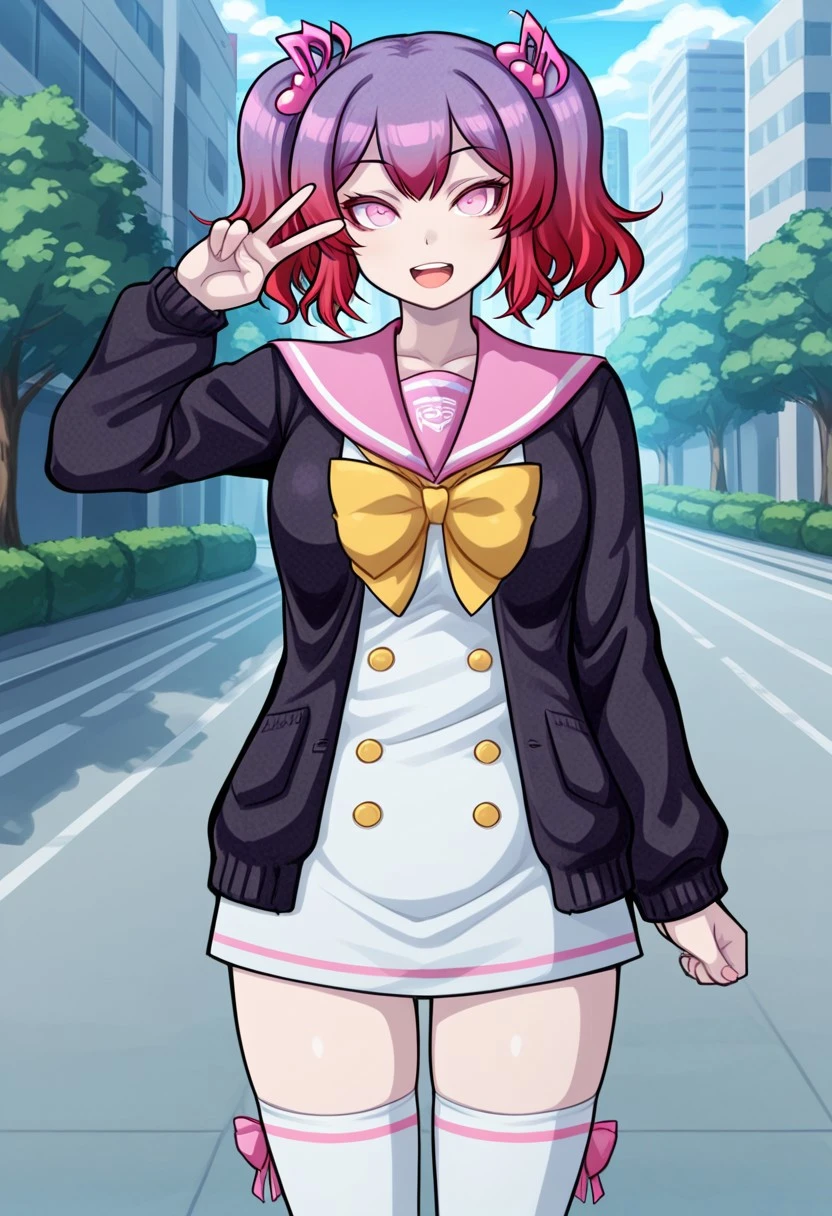 score_9, score_8_up, score_7_up, score_6_up, high resolution, gorgeous, absurdres, best quality, anime screencap, source_anime, (shiki /(psychedelic g2/)), official art, 1girl, Hibiki Otonokoji, gradient hair, purple hair, pink hair, bangs, pigtails, hair ornament, music note hair ornament, pink eyes, cardigan, open cardigan, black cardigan, sailor collar, pink sailor collar, dress, white dress, ribbon tie, yellow ribbon tie, thighhighs, white socks, peace sign, open mouth, happy, outdoors,