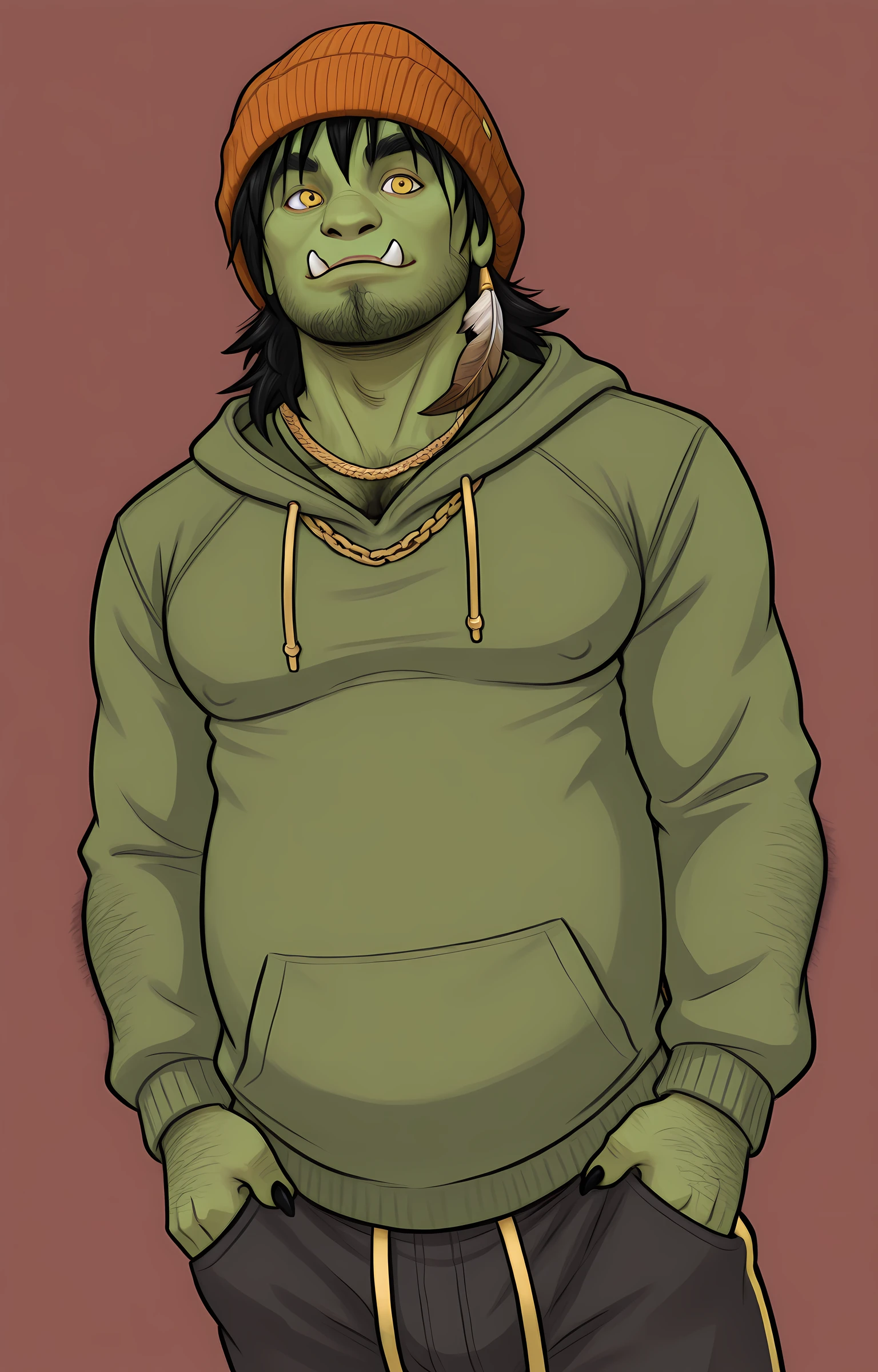 masterpiece, best quality, amazing quality, dutch angle, abstract background, BREAK
1boy, solo, male focus, orc boy, timogd, orange beanie, black hair, medium hair, yellow eyes, green body, stubble, tusks, clothed, slightly chubby, hoodie, sweatpants, gold chain, feather ornament, upper body focus, BREAK
<lora:WFA Style - ILXL:1> wfastyle  <lora:Timo gro-Dandel - ILXL:1>