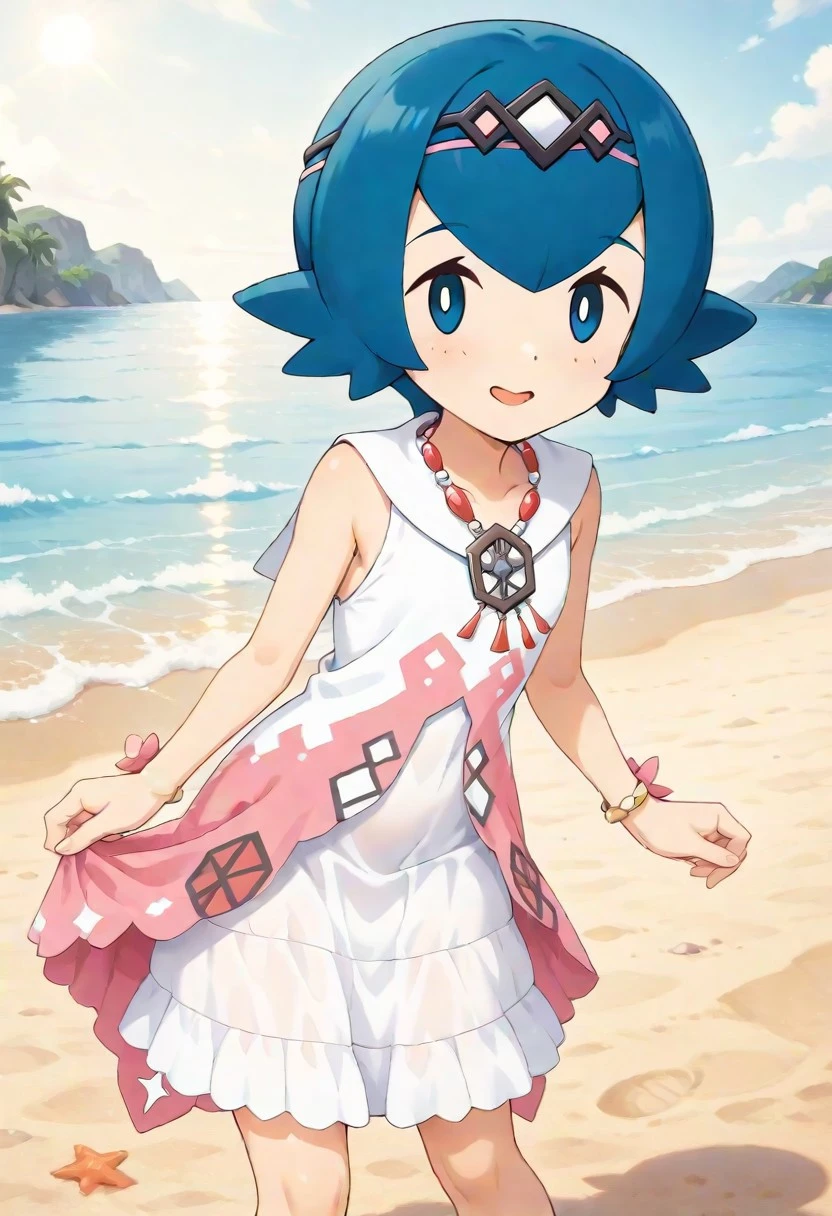 2d, masterpiece, best quality, amazing quality, 1girl, solo, close-up, standing, smile, upper body, leaning_forward, looking at viewer, sparkle, beach, sand, sky, sunny day, masterpiece, best quality, amazing quality, highres, absurdres, newest, toes, toe scrunch, blushing , syglana, lana \(pokemon\), blue eyes, white pupils, no sclera, blue hair, short hair, hairband, sleeveless dress, white dress, pink dress, bracelet, necklace