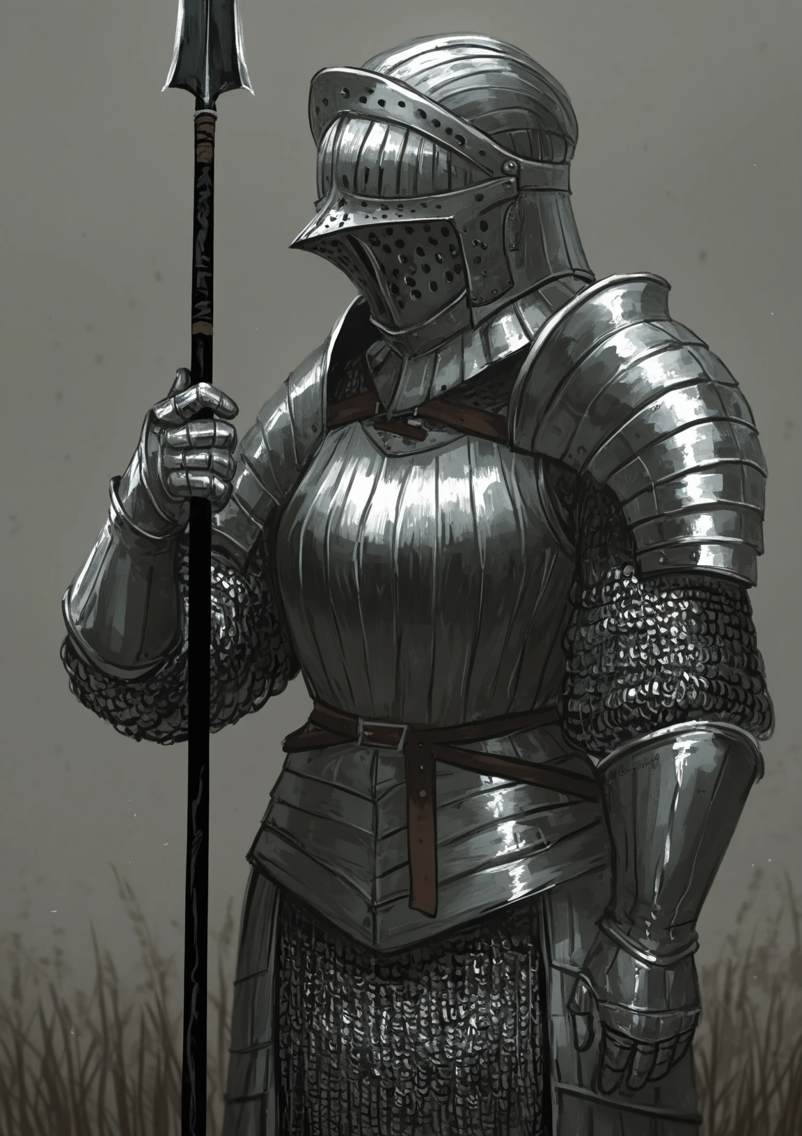 cowboy shot, 1girl, chainmail armor, (artist:goma \(gomasamune\),:0.7) (artist: koto inari:0.4), holding polearm, masterpiece, best quality, newest, absurdres, highres, new