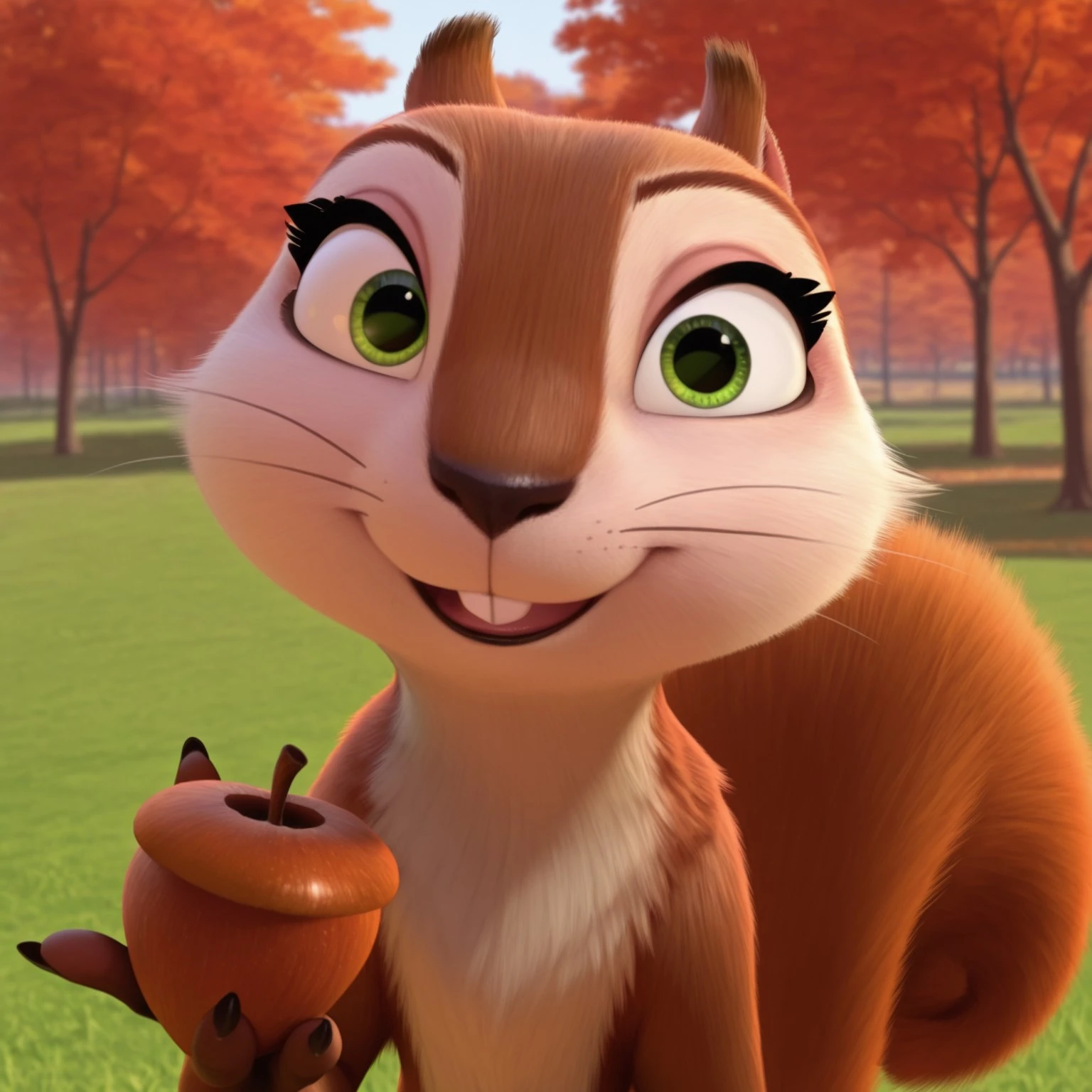 uncensored, masterpiece, best quality, highly detailed, 1girl, solo, AndieTNJ, female furry, feral, rodent, tree squirrel, black nose, green eyes, black pupils, brown body, brown fur, white fur, two tone body, two tone fur, whiskers, squirrel tail, open mouth, looking at viewer, outdoors, grass, park, standing, autumn leaves, outdoors, (front view), detailed background, three-quarter portrait, (4 fingers), front view, smile, buckteeth, teeth, brown legs, dark-brown hands, (holding acorn, offering, big acorn), upper body