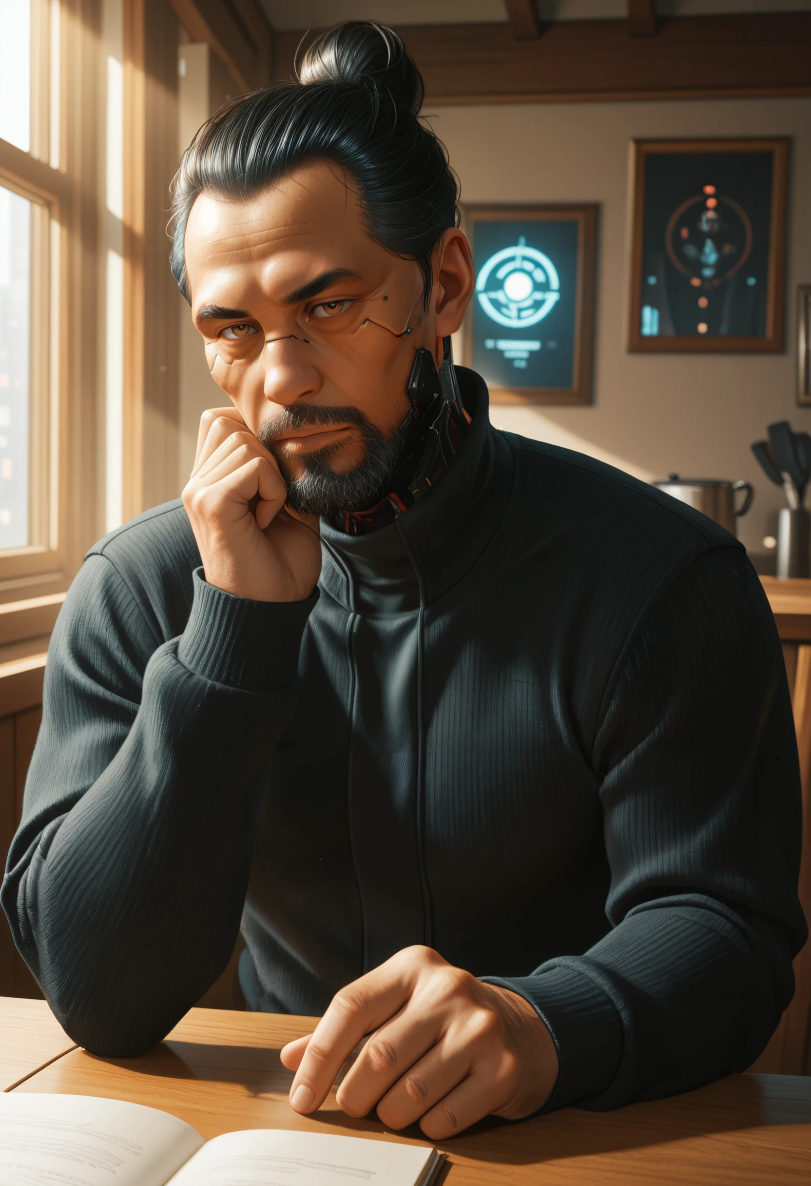 masterpiece, very aesthetic, best quality, absurdres, newest,
<lora:ILCyberGoroTakamura:1>
CyberGoroTakamura, 1boy, male focus, black hair, hair bun, brown eyes, beard, cyberpunk