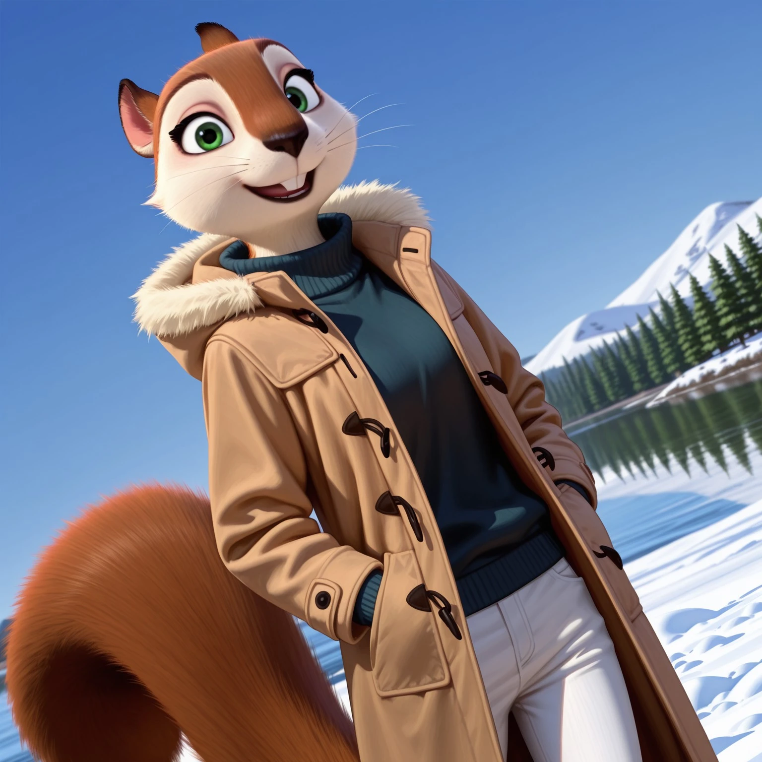 8k, masterpiece, best quality, highly detailed, realistic, 1girl, solo, AndieTNJ, female furry, feral, rodent, tree squirrel, black nose, green eyes, black pupils, brown body, brown fur, white fur, two tone body, two tone fur, whiskers, squirrel tail, (tan winter coat, black fur trim, long coat, white pants, hands in pocket), smile, (looking at viewer), standing, snow, afternoon, blue sky, lake, front view, detailed background, open mouth, buckteeth, teeth, dutch angle