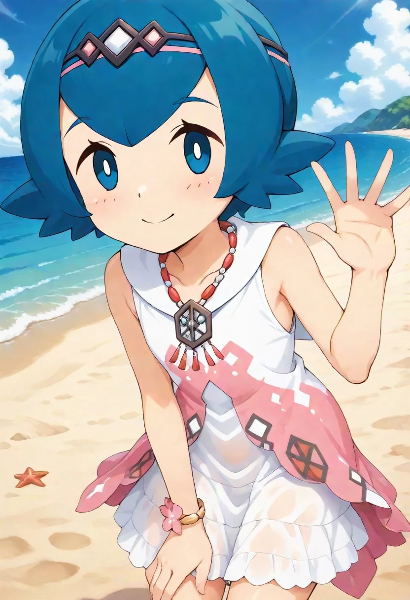 2d, masterpiece, best quality, amazing quality, 1girl, solo, close-up, standing, smile, upper body, leaning_forward, looking at viewer, sparkle, beach, sand, sky, sunny day, masterpiece, best quality, amazing quality, highres, absurdres, newest, toes, toe scrunch, blushing , syglana, lana \(pokemon\), blue eyes, white pupils, no sclera, blue hair, short hair, hairband, sleeveless dress, white dress, pink dress, bracelet, necklace