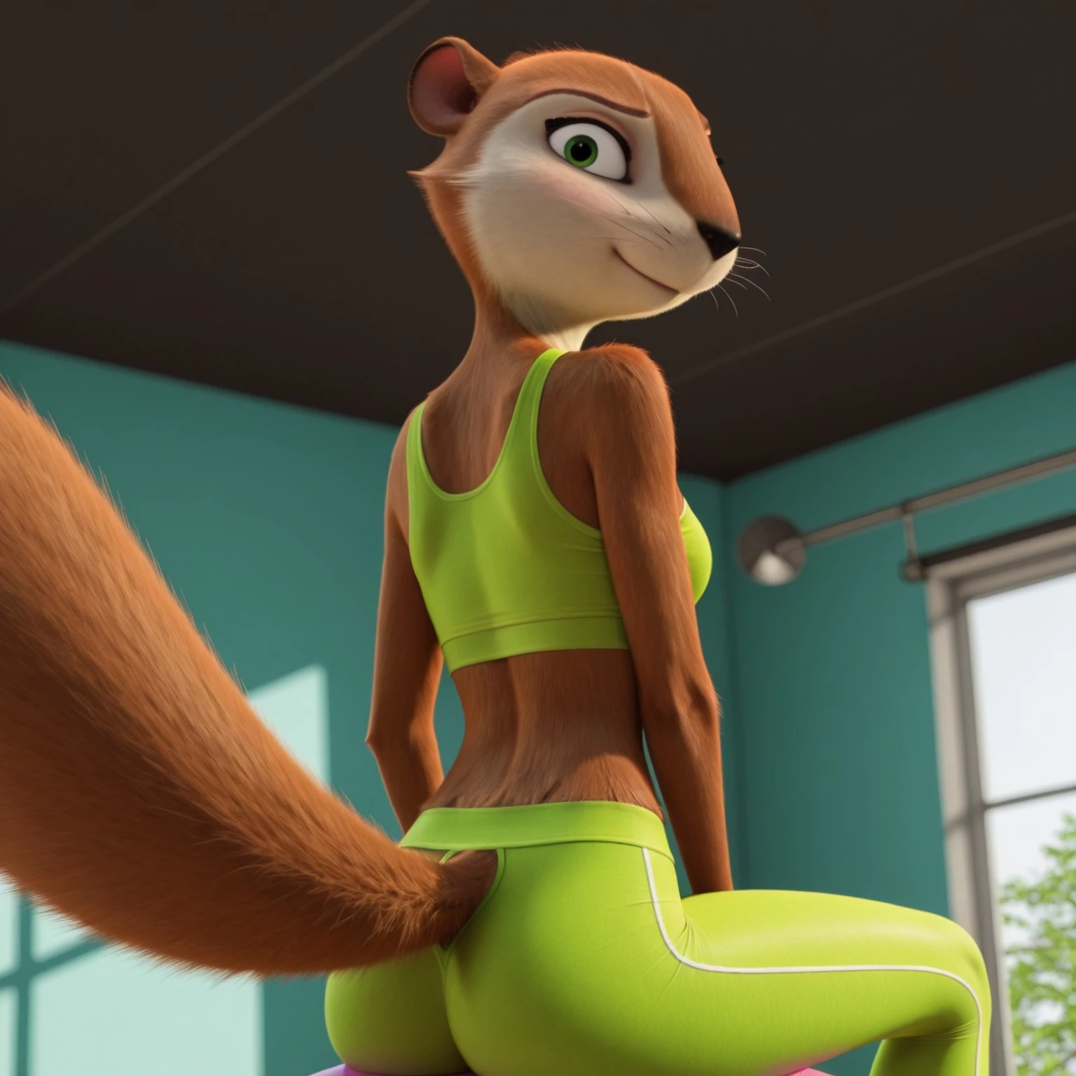 8k, masterpiece, best quality, highly detailed, (realistic), 1girl, solo, AndieTNJ, female furry, feral, rodent, tree squirrel, black nose, green eyes, black pupils, brown body, brown fur, white fur, two tone body, two tone fur, whiskers, squirrel tail, (green yoga pants, green crop top, tight bottomwear, sitting on yoga ball), smile, (looking at viewer, looking back), sitting, back view, rear view, fitness room, indoors, detailed background, closed mouth, blushing