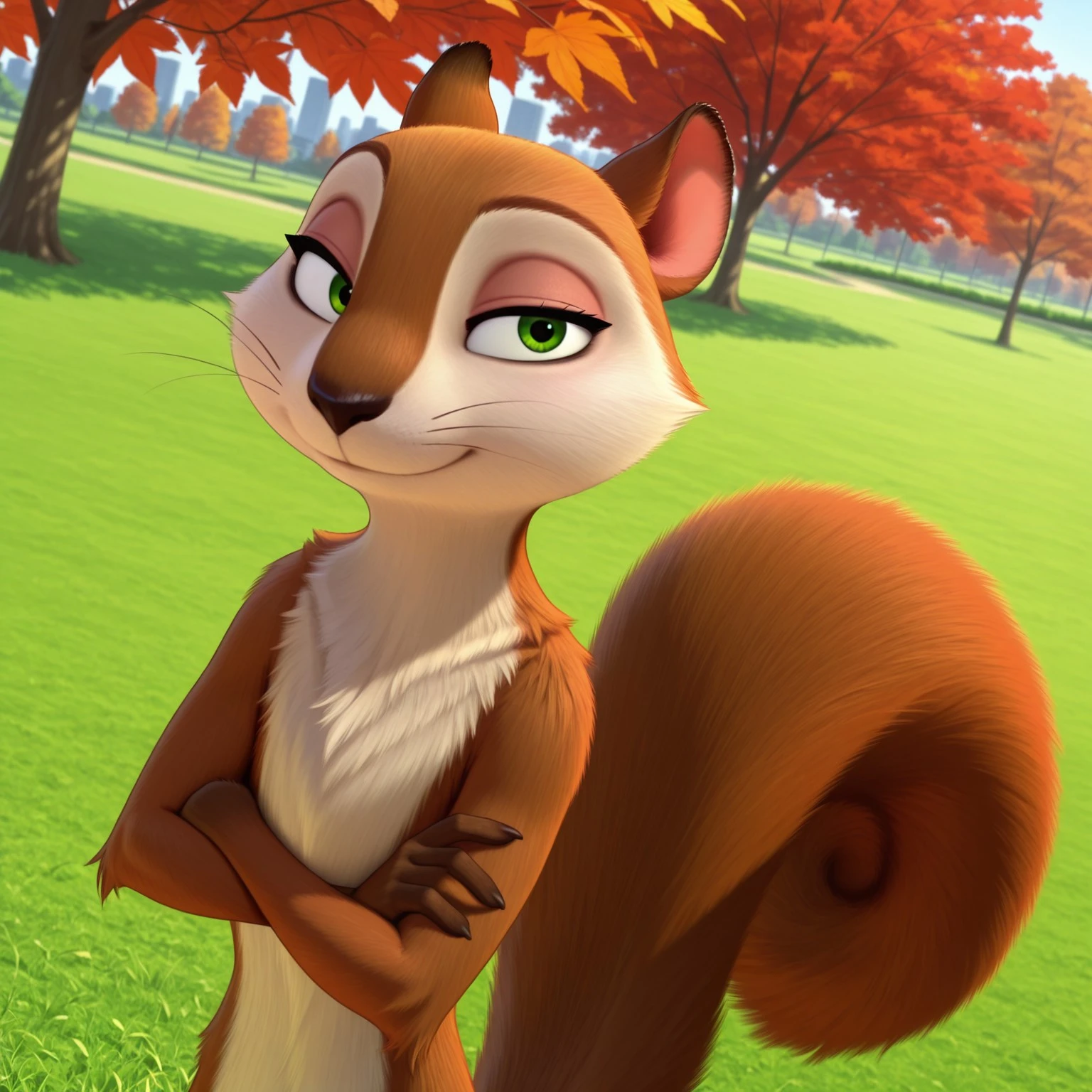 uncensored, masterpiece, best quality, highly detailed, 1girl, solo, AndieTNJ, female furry, feral, rodent, tree squirrel, black nose, green eyes, black pupils, brown body, brown fur, white fur, two tone body, two tone fur, whiskers, squirrel tail, closed mouth, looking at viewer, standing, upper body, outdoors, grass, park, autumn leaves, outdoors, (front view), detailed background, three-quarter portrait, (4 fingers), arms crossed, dutch angle, high-angle view, narrowed eyes, smile, impressed look