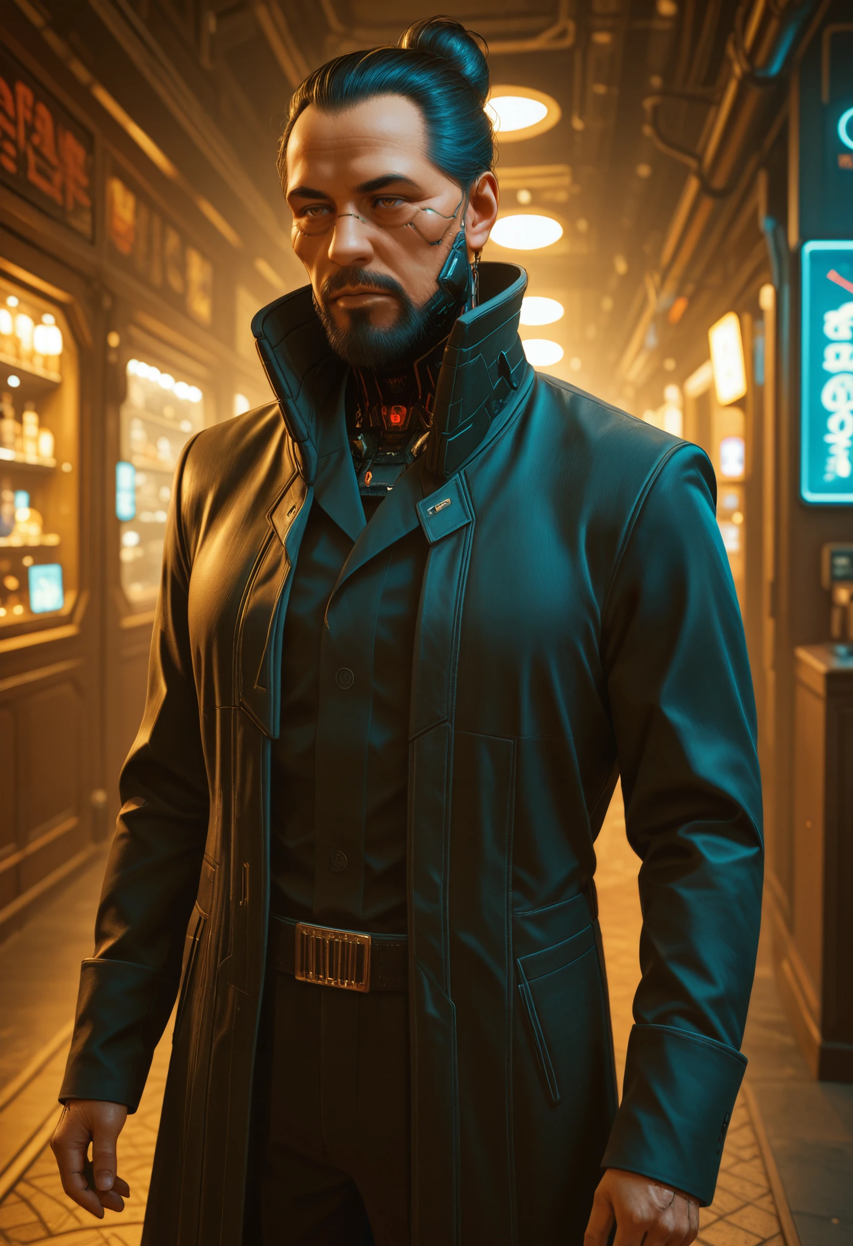 masterpiece, very aesthetic, best quality, absurdres, newest,
<lora:ILCyberGoroTakamura:1>
CyberGoroTakamura, 1boy, male focus, black hair, hair bun, brown eyes, beard, cyberpunk