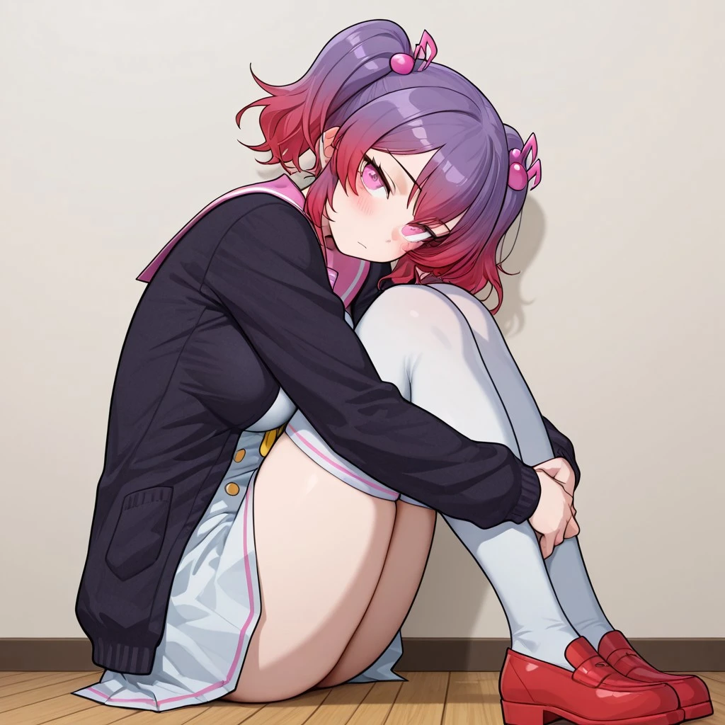 score_9, score_8_up, score_7_up, score_6_up, high resolution, gorgeous, absurdres, best quality, anime screencap, source_anime, official art, 1girl Hibiki Otonokoji, gradient hair, purple hair, pink hair, bangs, pigtails, hair ornament, music note hair ornament, pink eyes, cardigan, open cardigan, black cardigan, sailor collar, pink sailor collar, dress, white dress, ribbon tie, yellow ribbon tie, thighhighs, white socks, red shoes, <lora:knees-to-chest-illustriousxl-lora-nochekaiser:1>, knees to chest, ass peak, breast press, sitting, knees up, hugging own legs, blush, sitting on floor, leaning against wall side view, looking at viewer, indoors,