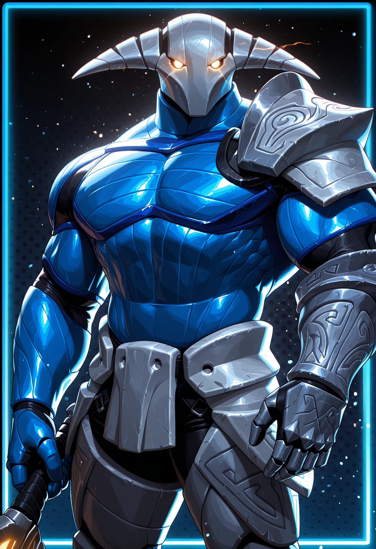 male focus, bara, solo, 1boy, sv3n, helmet, blue breastplate, shoulder armor, gloves, glowing eyes, raising sword, huge muscles, soft lighting, light particles, abstract background, dotted background, blue border, 
perfect anatomy, masterpiece, perfect quality, best quality, amazing quality, newest, very aesthetic, hi res, absurdres,