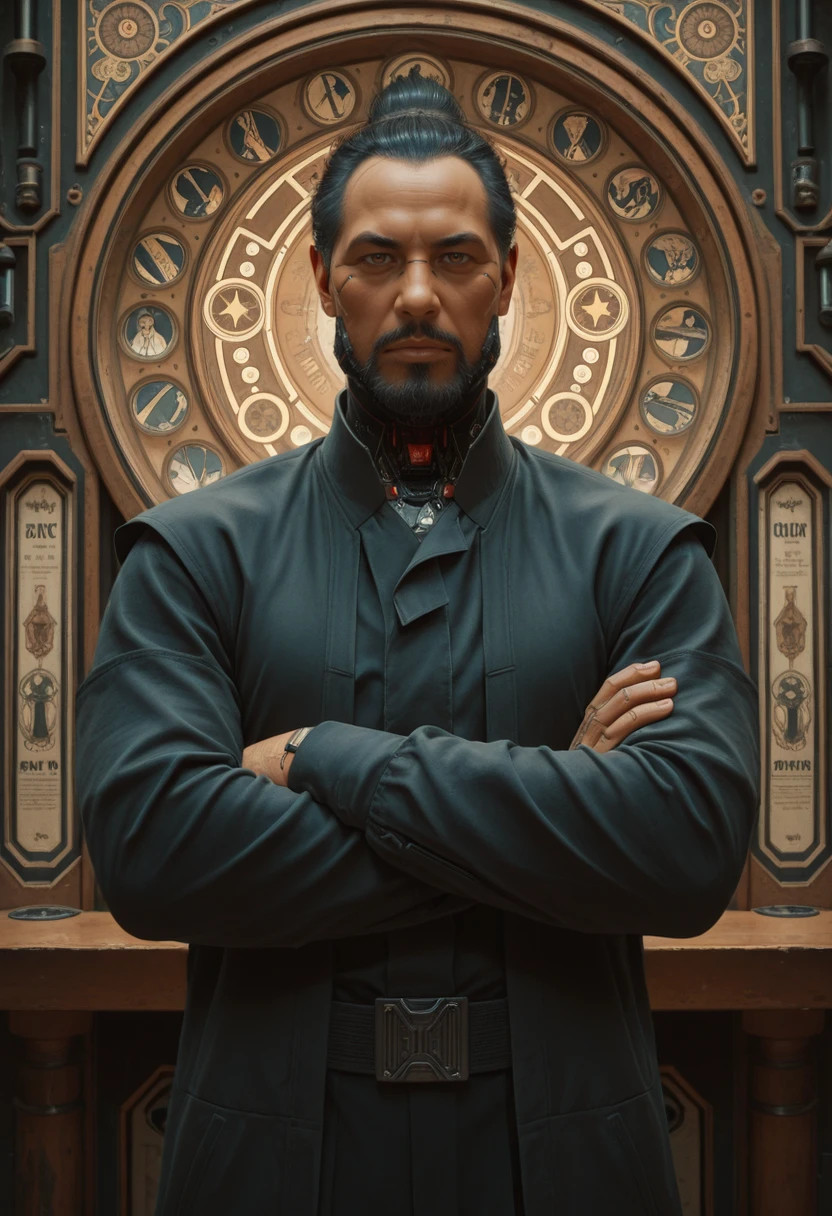 masterpiece, very aesthetic, best quality, absurdres, newest, solo,
<lora:ILCyberGoroTakamura:1>
CyberGoroTakamura, 1boy, male focus, black hair, hair bun, brown eyes, beard, cyberpunk, looking at viewer, male focus,  crossed arms, art nouveau, tarot_\(medium\), architecture background