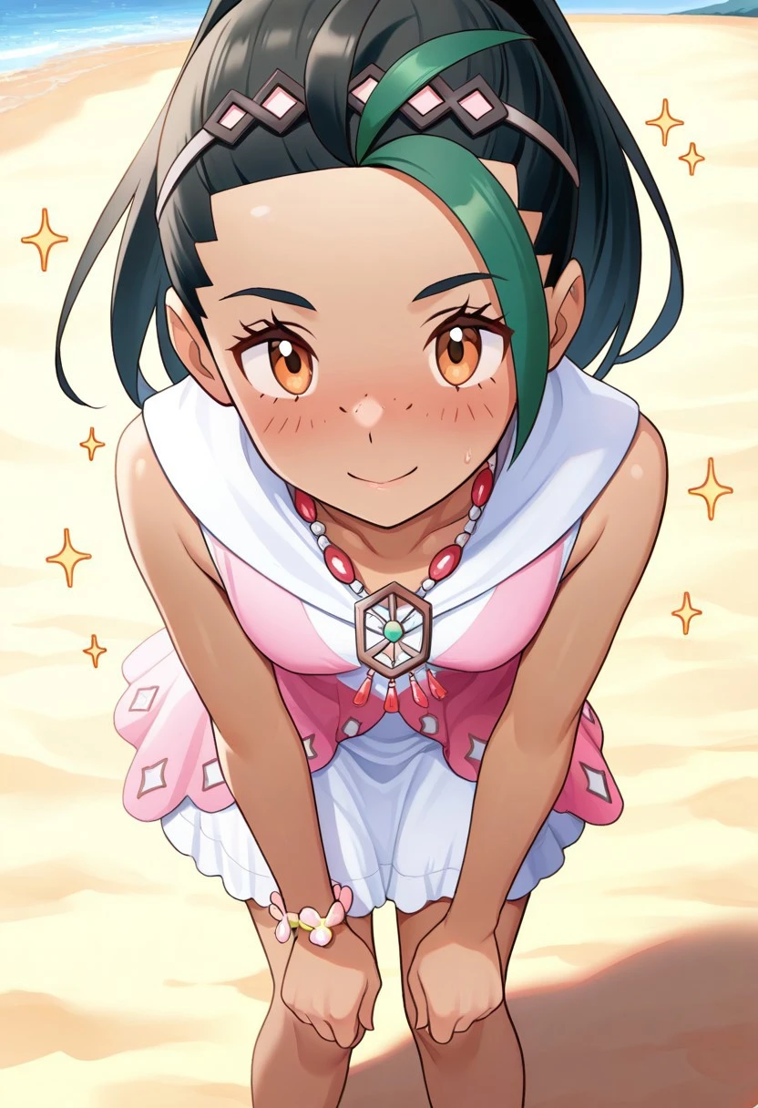 2d, masterpiece, best quality, amazing quality, 1girl, solo, close-up, standing, smile, upper body, leaning_forward, looking at viewer, sparkle, beach, sand, sky, sunny day, masterpiece, best quality, amazing quality, highres, absurdres, newest, toes, toe scrunch, blushing ,hairband, sleeveless dress, white dress, pink dress, bracelet, necklace, nemona \(pokemon\), black hair, green hair, dark-skinned female, dark skin