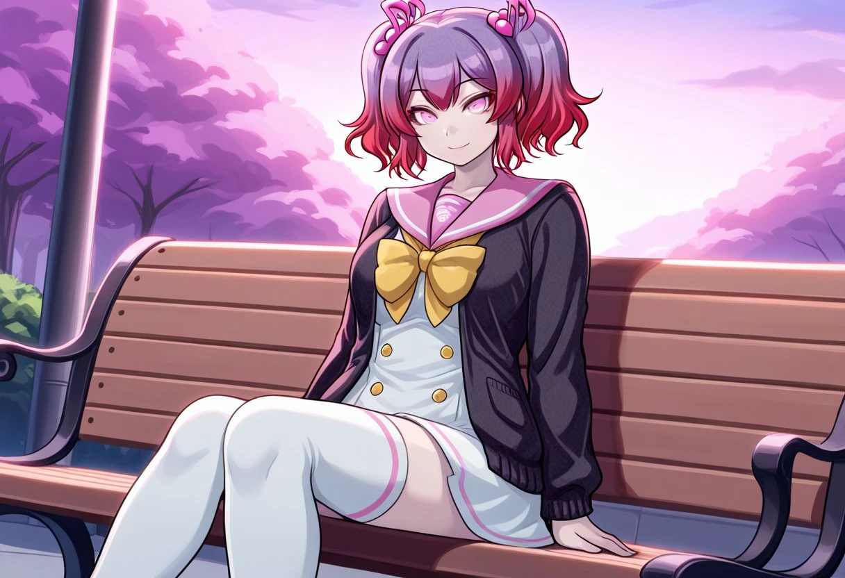 score_9, score_8_up, score_7_up, score_6_up, high resolution, gorgeous, absurdres, best quality, anime screencap, source_anime, (shiki /(psychedelic g2/)), official art, 1girl, Hibiki Otonokoji, gradient hair, purple hair, pink hair, bangs, pigtails, hair ornament, music note hair ornament, pink eyes, cardigan, open cardigan, black cardigan, sailor collar, pink sailor collar, dress, white dress, ribbon tie, yellow ribbon tie, thighhighs, white socks, smile, sitting on bench, outdoors, looking at sky