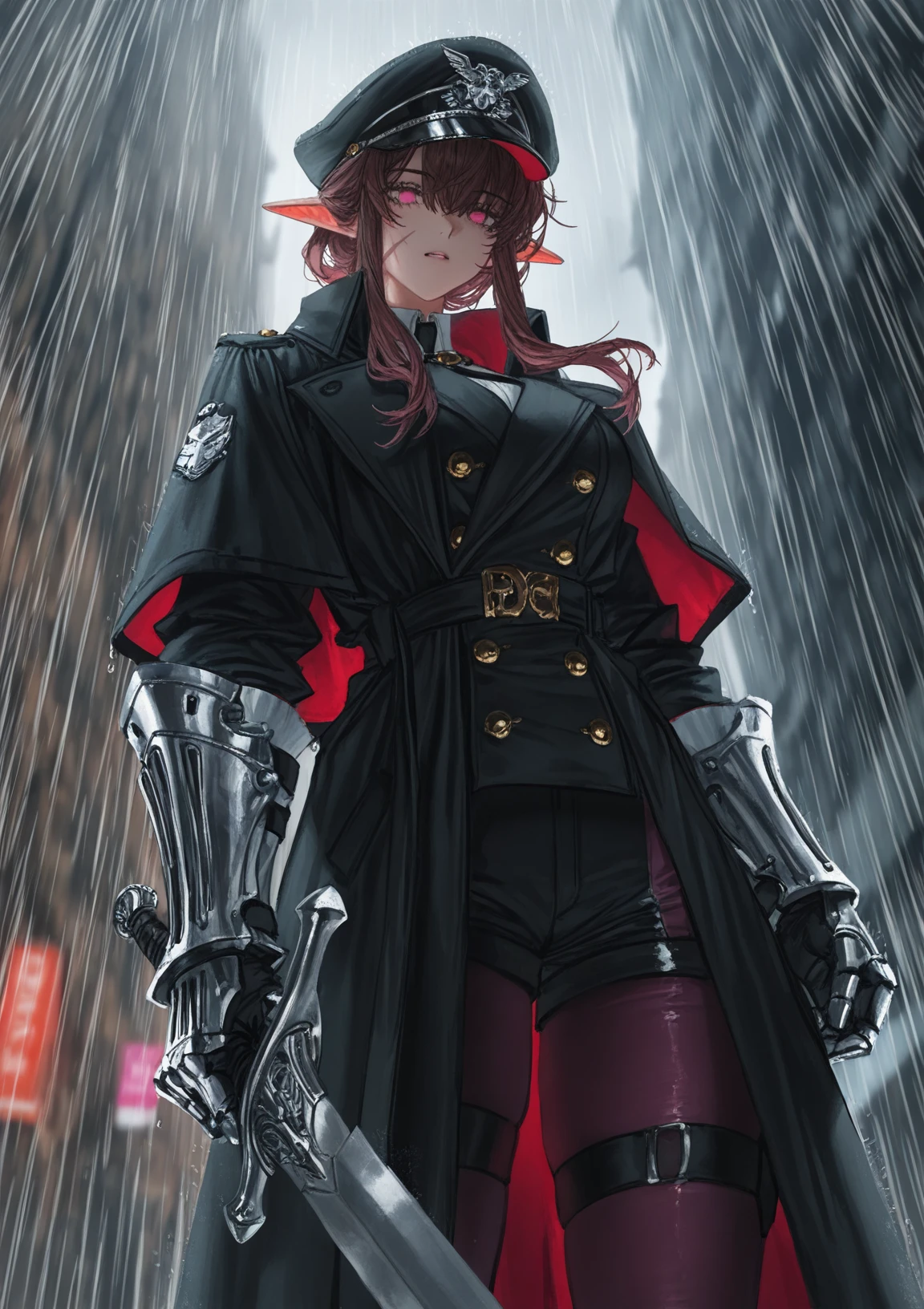 view from below, high FOV, fisheye, movement trails, raining, victorian city street, blurry background, 1girl, scar on cheek, holding sword, massive steel gauntlets, elf ears, trenchcoat,peaked cap,, masterpiece, best quality, newest, absurdres, highres, new, (betabeet:1.2), john_kafka, nixeu, quasarcake,, (khyle.:0.8)