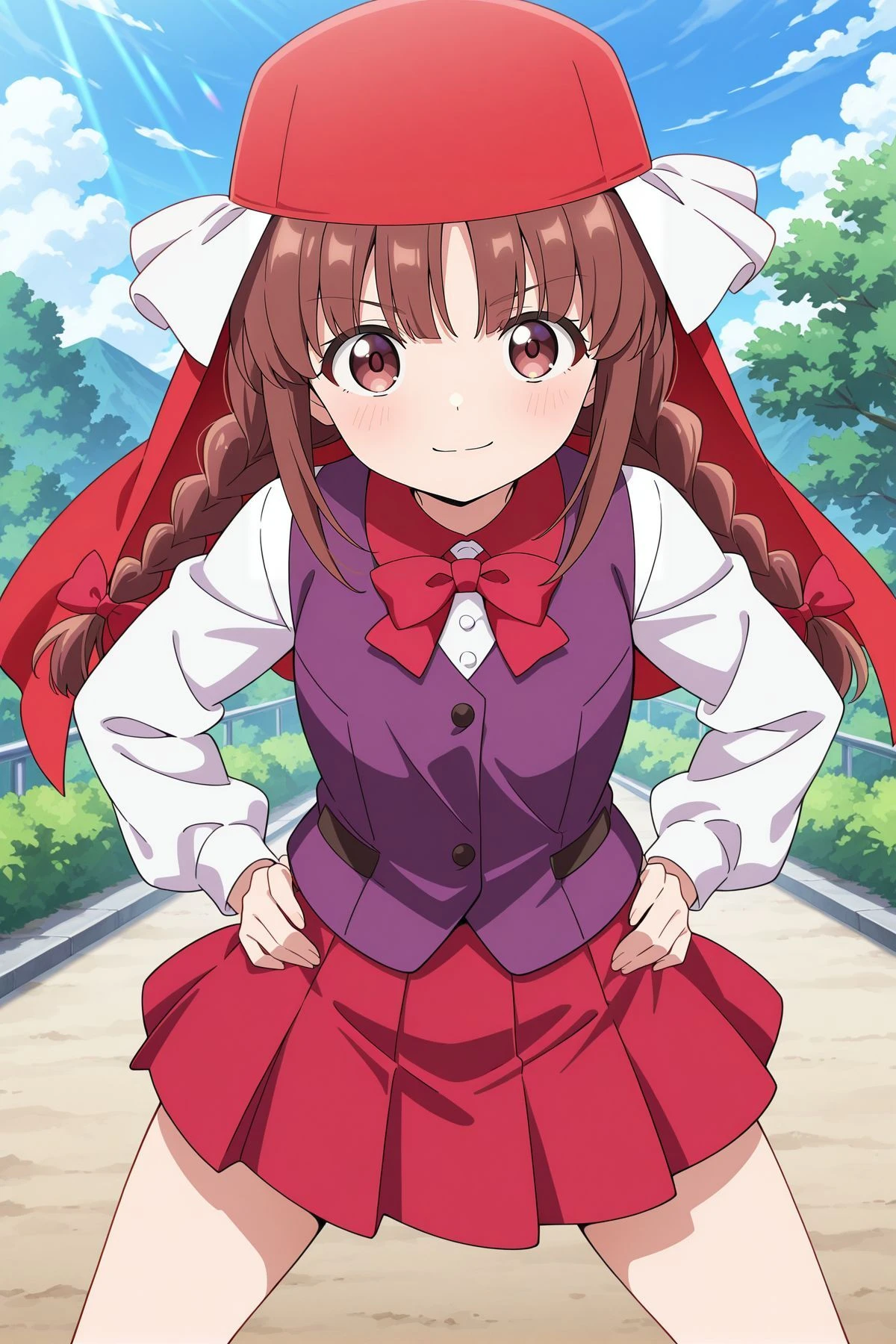 absurdres, highres, masterpiece, best quality, amazing quality, official anime artwork, screencap, anime screencap, outdoors, looking at viewer, light smile, dynamic pose,
<lora:Rika_Illustrious:1> rika, 1girl, solo, brown eyes, brown hair, long hair, twin braids,, rika (extra stage), alternate costume, hair bow, red bow, red headwear, red hood, hair ribbon, white ribbon, red bowtie, purple vest, red collar, red buttons, white sleeves, puffy long sleeves, red skirt, pleated skirt,