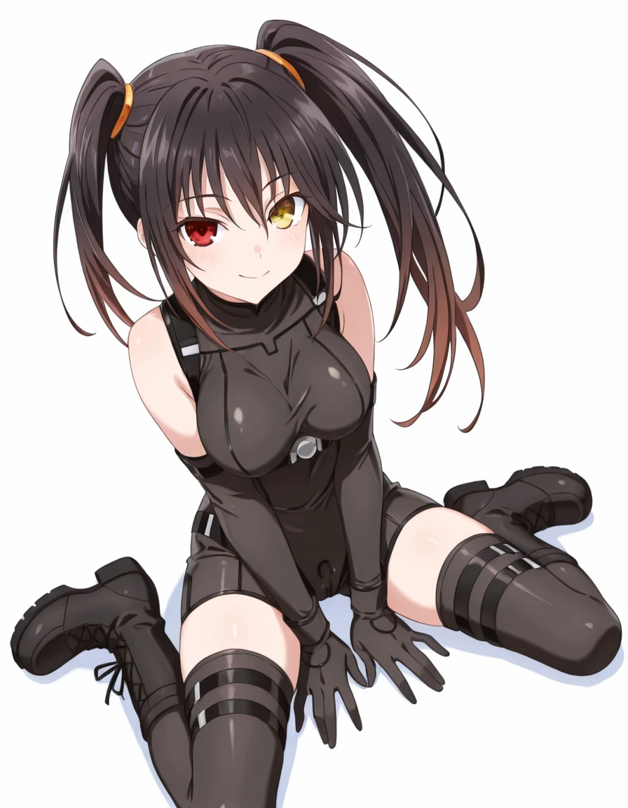 Volumetric Lighting, (masterpiece), (best quality), (ultra-detailed), masterpiece, source_anime, score_9, score_8_up, score_7_up BREAK, illustration, disheveled hair, detailed eyes, perfect composition, moist skin, intricate details, detailed eyes, detailed face, detailed fingers BREAK, Kurumi, medium breast, heterochromia, red eyes, yellow eyes, clock eyes, long hair, black hair, uneven twintails BREAK, DXDchurch_battlesuit, skin tight, CBS_elbow_gloves, CBS_thigh_strap, CBS_thighhighs, CBS_boots, CBS_sleeveless_unitard, CBS_harness BREAK, ((white background)), looking at viewer, sitting, wariza, shadow, smile