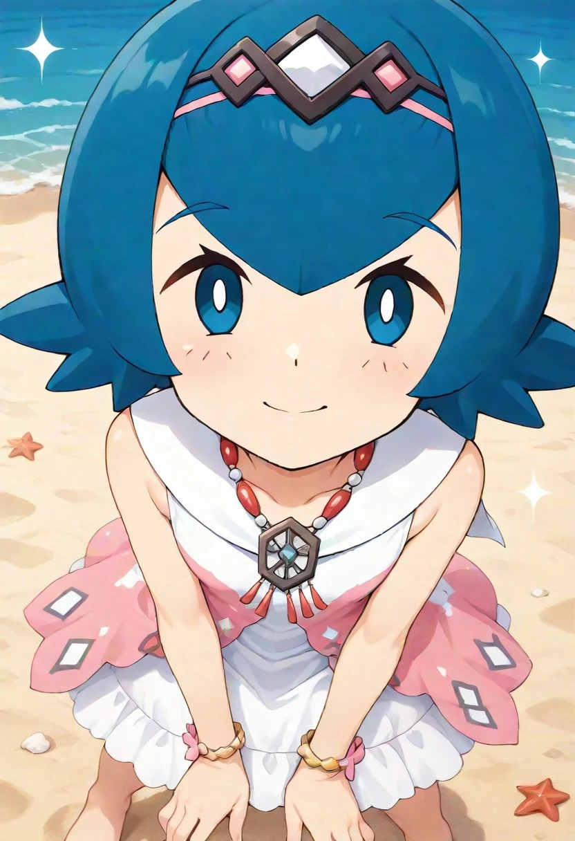 2d, masterpiece, best quality, amazing quality, 1girl, solo, close-up, standing, smile, upper body, leaning_forward, looking at viewer, sparkle, beach, sand, sky, sunny day, masterpiece, best quality, amazing quality, highres, absurdres, newest, toes, toe scrunch, blushing , syglana, lana \(pokemon\), blue eyes, white pupils, no sclera, blue hair, short hair, hairband, sleeveless dress, white dress, pink dress, bracelet, necklace