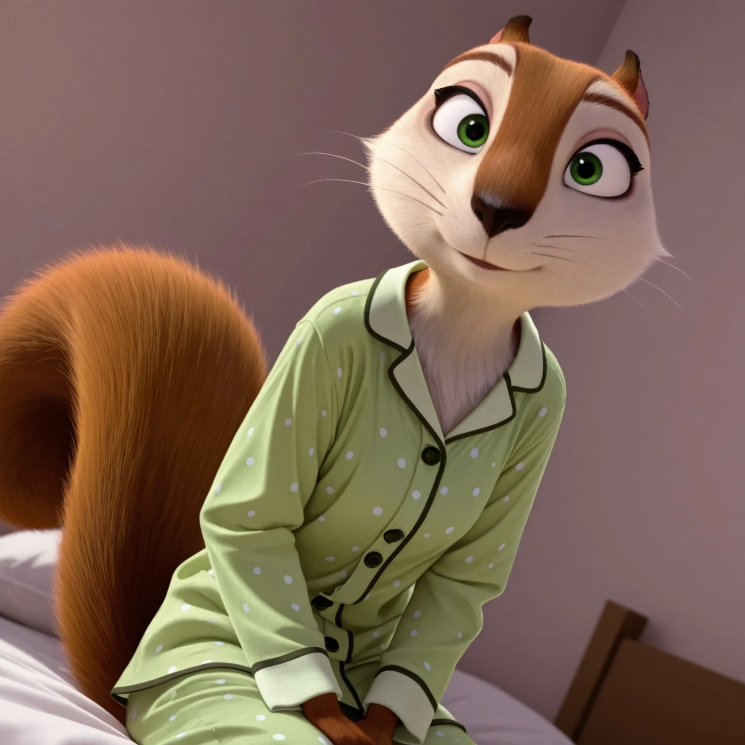 8k, masterpiece, best quality, highly detailed, realistic, 1girl, solo, AndieTNJ, female furry, feral, rodent, tree squirrel, black nose, green eyes, black pupils, brown body, brown fur, white fur, two tone body, two tone fur, whiskers, squirrel tail, (green pajamas, fully clothed), (looking at viewer), sitting, bedroom, bed, front view, detailed background, dutch angle, closed mouth, smile