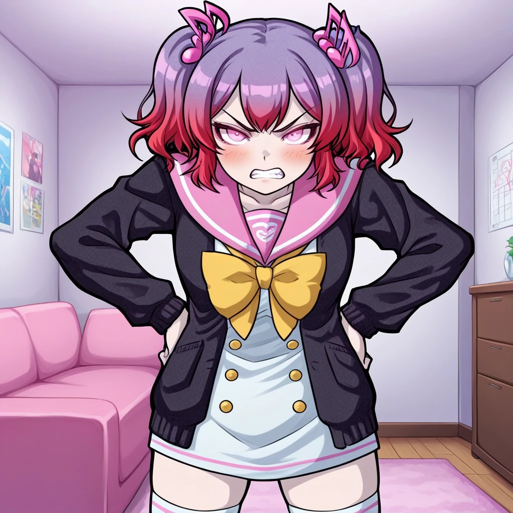 score_9, score_8_up, score_7_up, score_6_up, high resolution, gorgeous, absurdres, best quality, anime screencap, source_anime, (shiki /(psychedelic g2/)), official art, 1girl, Hibiki Otonokoji, gradient hair, purple hair, pink hair, bangs, pigtails, hair ornament, music note hair ornament, pink eyes, cardigan, open cardigan, black cardigan, sailor collar, pink sailor collar, dress, white dress, ribbon tie, yellow ribbon tie, thighhighs, white socks, hands on hips, angry, upset, grit teeth, blushing, indoors