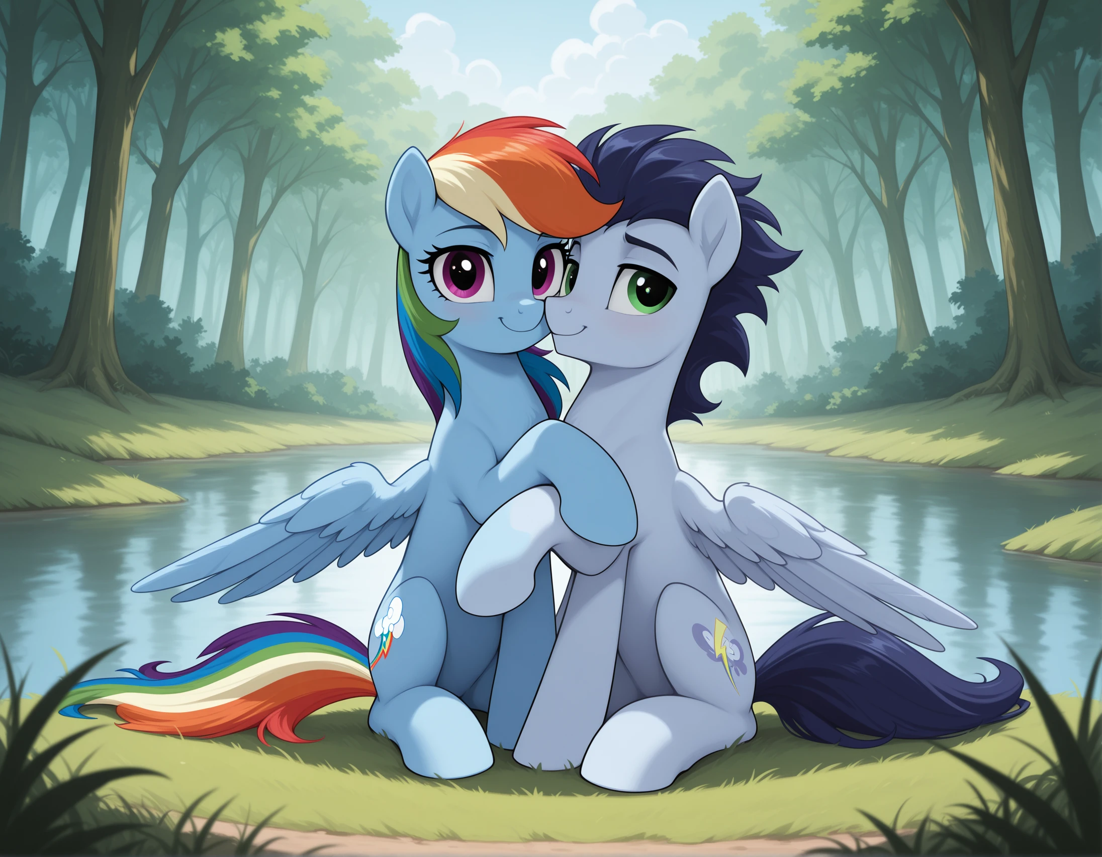Duo, score_9,score_8_up,score_7_up, score_6_up, score_5_up,source_anime, Anthro, equine females, (fluttershy_mlp), and (rainbow_dash_mlp), naked, they are kissing, outdoors, in a garden