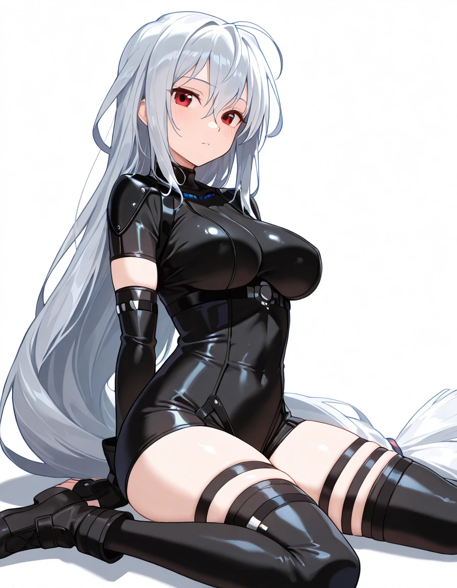 Volumetric Lighting, (masterpiece), (best quality), (ultra-detailed), masterpiece, source_anime, score_9, score_8_up, score_7_up BREAK, illustration, disheveled hair, detailed eyes, perfect composition, moist skin, intricate details, detailed eyes, detailed face, detailed fingers BREAK, Skadi, very long hair, low-tied long hair, white hair, red eyes, hair between eyes BREAK, DXDchurch_battlesuit, skin tight, CBS_fingerless_elbow_gloves, CBS_thigh_strap, CBS_thighhighs, CBS_shoulder_armor, short sleeves, CBS_unitard, CBS_harness BREAK, ((white background)), looking at viewer, sitting, wariza