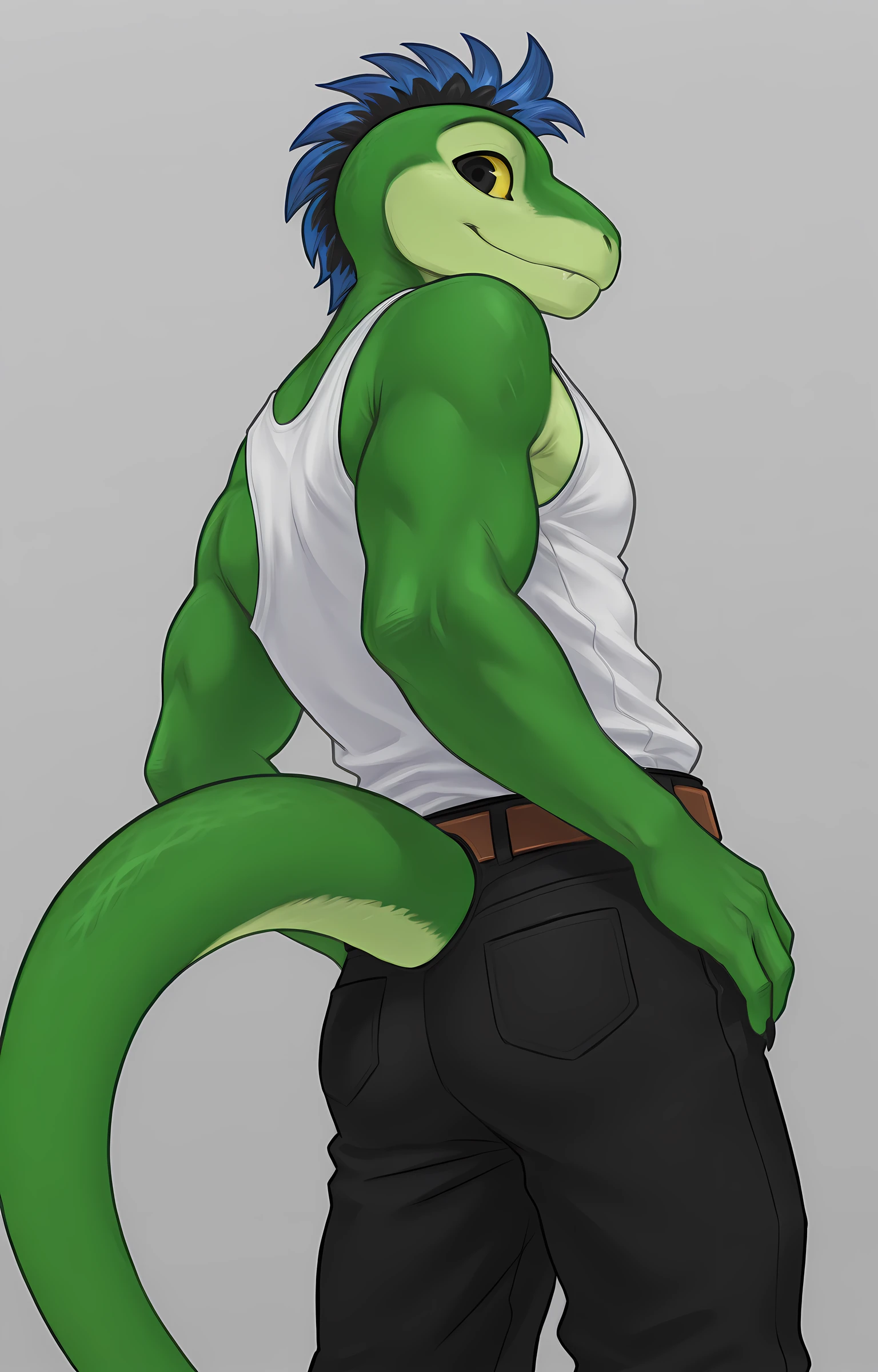 Solo, female,alligator,bending over,muscles,back view ((by bebebebebe)), gym sweater,sweatpants,big booty