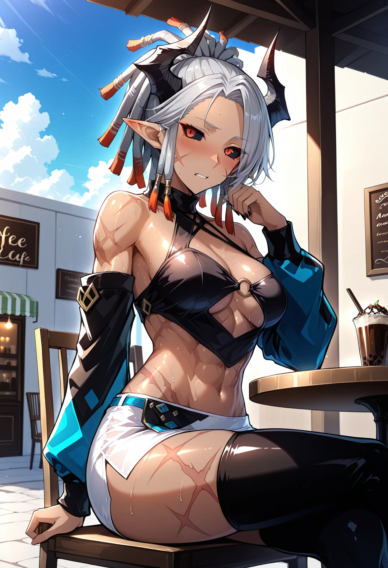 1girl, dreadlocks, grey hair, red eyes, black sclera, pointed ears, toned, scars on face, horns, bronze skin, medium breasts,
blush,sweat,
sitting,
black thighhighs,
table, chair,street cafe, sky, cloud,
<lora:y2kclub2piecesuitIL:1>, y2ksuit2piece, mini skirt, detached sleeves, top, pin top, pin, multicolored clothes,
masterpiece,best quality,amazing quality, <lora:lmia4IL-style:1>,