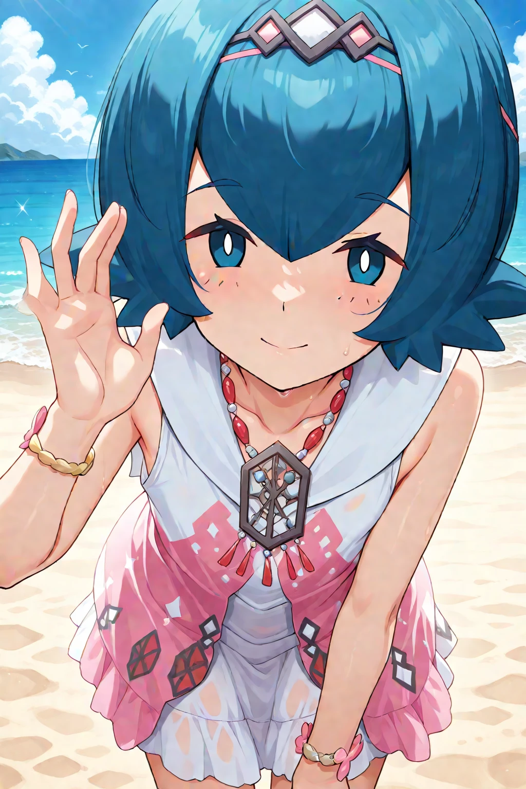 2d, masterpiece, best quality, amazing quality, 1girl, solo, close-up, standing, smile, upper body, leaning_forward, looking at viewer, sparkle, beach, sand, sky, sunny day, masterpiece, best quality, amazing quality, highres, absurdres, newest, toes, toe scrunch, blushing , syglana, lana \(pokemon\), blue eyes, white pupils, no sclera, blue hair, short hair, hairband, sleeveless dress, white dress, pink dress, bracelet, necklace