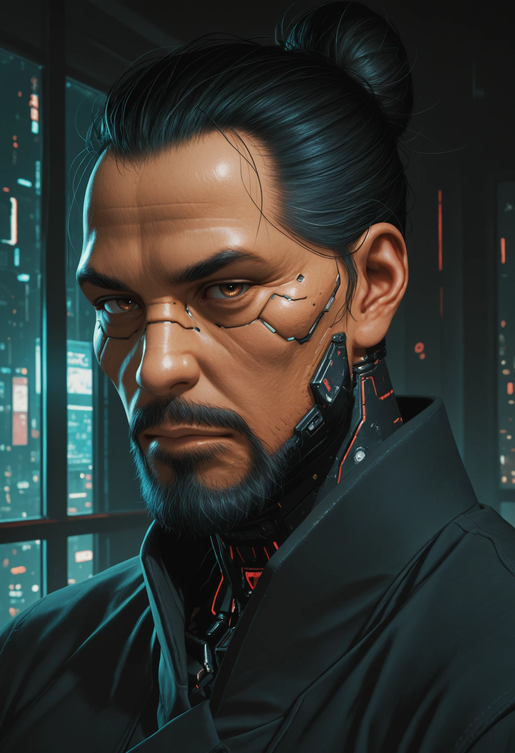 masterpiece, very aesthetic, best quality, absurdres, newest, solo,
<lora:ILCyberGoroTakamura:1>
CyberGoroTakamura, 1boy, male focus, black hair, hair bun, brown eyes, beard, cyberpunk, looking at viewer, portrait