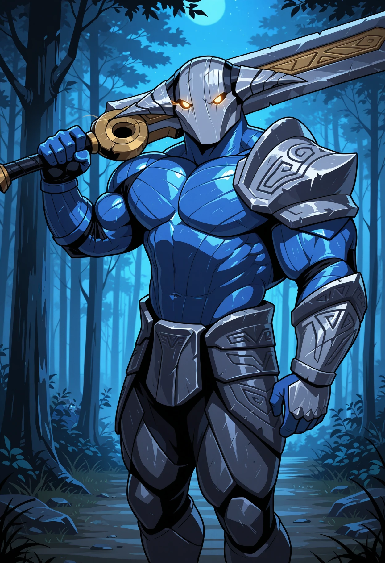 masterpiece, perfect quality, best quality, amazing quality, newest, very aesthetic, hi res, absurdres, toony, poster \(medium\), cel shading,
male focus, bara, solo, 1boy, sv3n, helmet, blue breastplate, shoulder armor, armor, gloves, glowing eyes, greatsword, huge muscles, outdoors, forest, night, (weapon over shoulder:1.2), dutch angle, (side view:0.8),