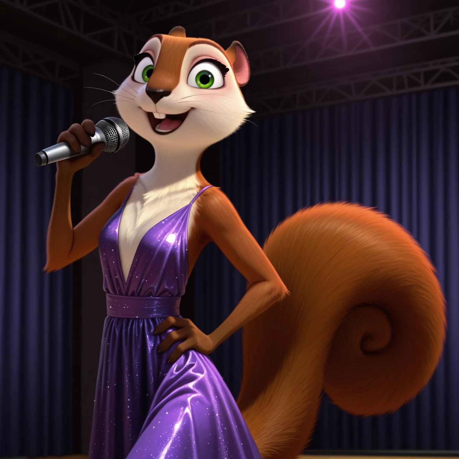 uncensored, masterpiece, best quality, highly detailed, 1girl, solo, AndieTNJ, female furry, feral, rodent, tree squirrel, black nose, green eyes, black pupils, brown body, brown fur, white fur, two tone body, two tone fur, whiskers, squirrel tail, open mouth, (looking at viewer), standing, upper body, indoors, stage, (singing), front view), detailed background, three-quarter portrait, (4 fingers), mic in hand, smile, impressed look, (purple dress, long dress, shiny dress), dancing, buckteeth, teeth, hand on hip