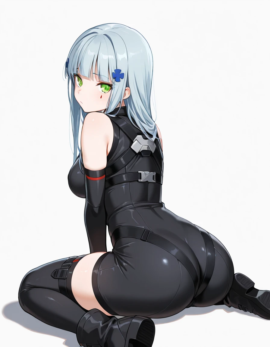 Volumetric Lighting, (masterpiece), (best quality), (ultra-detailed), masterpiece, source_anime, score_9, score_8_up, score_7_up BREAK, illustration, disheveled hair, detailed eyes, perfect composition, moist skin, intricate details, detailed eyes, detailed face, detailed fingers BREAK, HK416, green eyes, long hair, grey hair, blue hair, teardrop facial mark BREAK, DXDchurch_battlesuit, skin tight, CBS_elbow_gloves, CBS_thigh_strap, CBS_thighhighs, CBS_boots, CBS_sleeveless_unitard, CBS_harness BREAK, ((white background)), looking at viewer, sitting, wariza,shadow, (((from behind, back))), looking behind