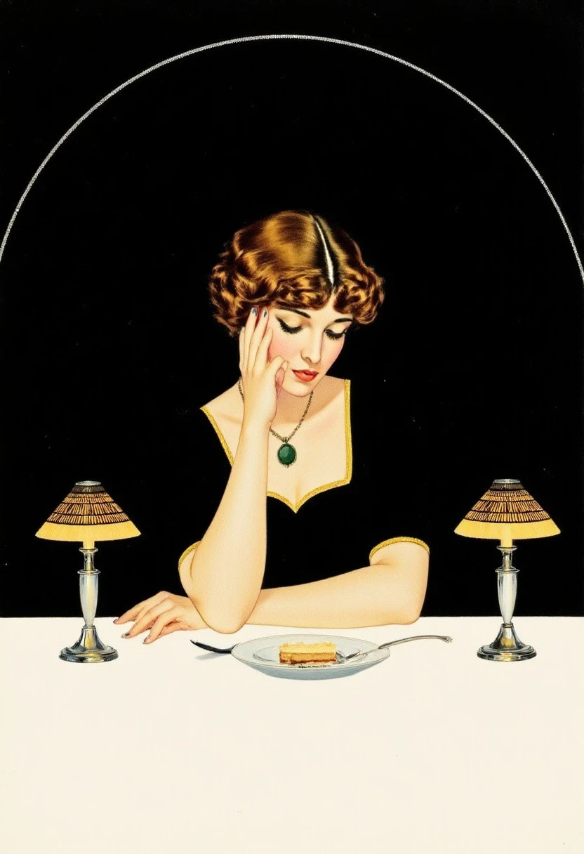 cphillips, A woman with short, curly brown hair sits at a table, wearing a black dress with gold trim at the neckline and sleeves. The black of her dress blends seamlessly into the solid black background, creating a subtle fadeaway effect that lets the negative space define her form. Her right elbow rests on the table, and her chin rests on her right hand as she gazes thoughtfully at a slice of cake on a plate in her left hand. Her expression is contemplative and melancholic. The table, covered with a white cloth, stands out sharply against the dark backdrop. On either side of the plate are silver candlesticks with glass lampshades, the warm beige fabric shades casting a soft, golden glow across the scene. The woman wears a necklace with a large dark green pendant that provides a quiet accent of color. A large arched border frames the intimate composition. The artwork uses clean lines, minimal colors, negative space, and disappearing outlines in the art style of Coles Phillips, early 20th-century illustration.