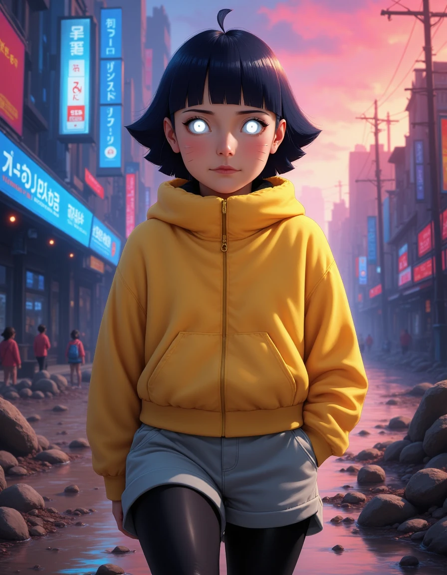 scenery, vibrant, vivid hues blending seamlessly, rich and dynamic color spectrum, eye-catching brilliance, radiant and lively color, The lighting is soft yet dramatic. The film grain adds a tactile, grainy texture, enhancing the dreamlike quality of the scene.
<lora:Naruto_-_Himawari_v1-000039:1> B-Himawari she has white eyes, short black hair, blunt bangs and whisker markings,
Wearing a yellow jacket with grey shorts, black leggings,
