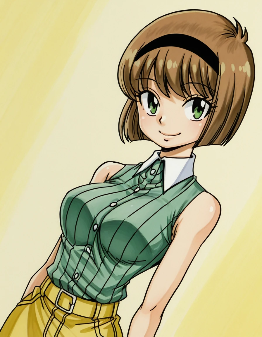 HMmangastyle, <lora:Mashima_H.__Manga_Style:0.8>, dutch angle, close up, <lora:Miki_Hosokawa_-_Jigoku_Sensei_Nube:0.85>,1girl, solo, standing, arms behind, Miki H, brown hair, short hair,bangs, green eyes, black hairband, large , slim waist, wgreen striped shirt, sleeveless shirt, white collar, yellow skirt, smile, closed mouth, , looking at viewer, cream pastel background