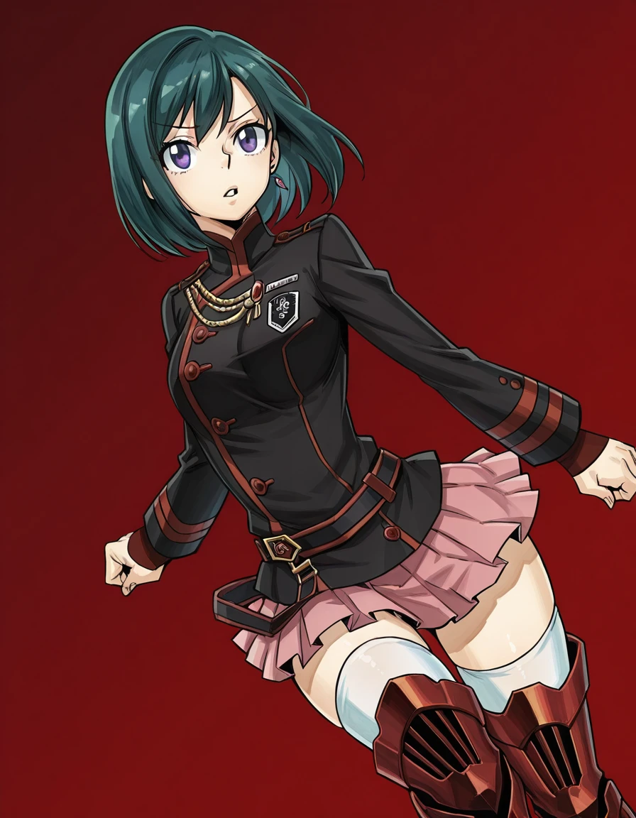 HMmangastyle, <lora:Mashima_H.__Manga_Style:0.8>, <lora:Lenalee_Lee_-_D_Gray-Man__Hallow:0.85>, dutch angle, close up, 1girl, solo,Lenalee Lee Hw, medium hair, dark green hair, purple eyes, earring, medium breasts, third uniform, , black collared jacket with red details, long sleeves, red arm sleeves , emblem, pleated skirt, Pink miniskirt, zettai ryouiki, White thighhighs , red metal boots