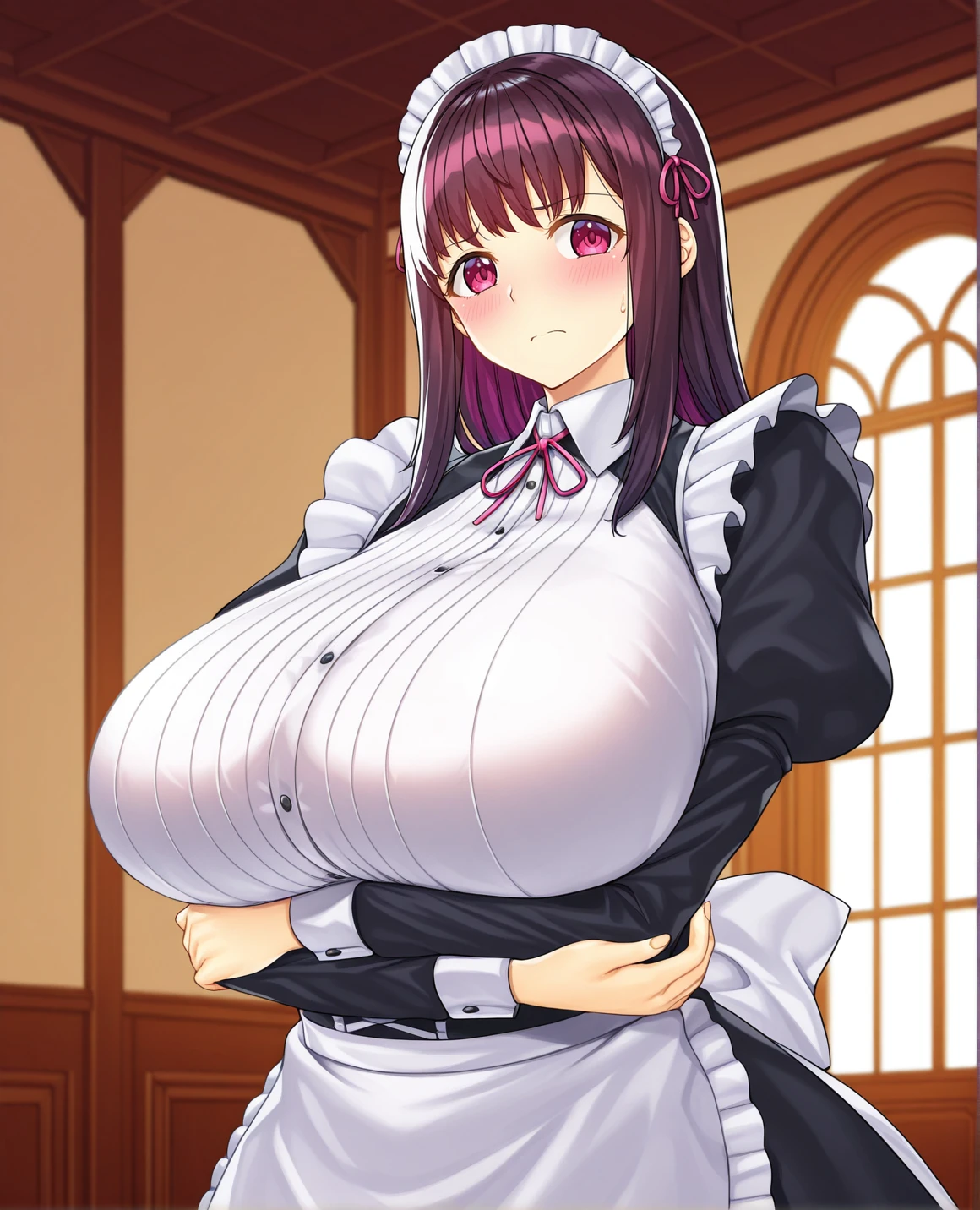 (masterpiece, best quality, highres, detailed, realistic:1.2), young japanese woman, maid, taking orders, (gigantic breasts:1.9), (bursting breasts:1.6), (detailed face, beautiful face), (ashamed expression:1.2), maid outfit, blushing, sad, skinny, busy maid cafe, fringe, holding trays