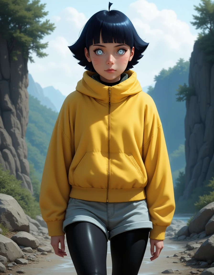 scenery, The film grain adds a tactile, grainy texture, enhancing the dreamlike quality of the scene.
<lora:Naruto_-_Himawari_v1-000039:1> B-Himawari she has white eyes, short black hair, blunt bangs and whisker markings,
Wearing a yellow jacket with grey shorts, black leggings,