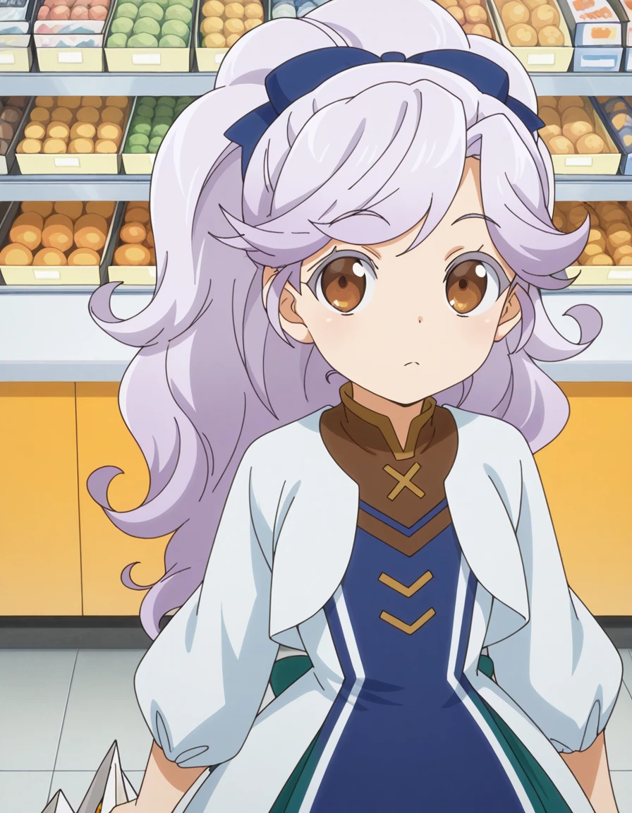 masterpiece, best quality, amazing quality,, <lora:josephine-mille-morteln-s1-illustriousxl-lora-nochekaiser:1>, josephine mille morteln, long hair, brown eyes, purple hair, ponytail, hair bow, blue bow, anime screencap, long sleeves, dress, cropped jacket, white jacket, blue dress, , from above,, grocery store, cashier, shopping bag, scanning items, small talk, everyday routine, cowboy shot, solo, looking at viewer,