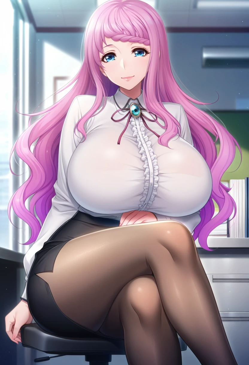 1 girl, 19 years old, Long pink hair, green eyes with slit pupils, master-piece, best quality, (patent leather trousers, White V-neck sweater, streetwear, cleavage), (Big , ultra gigantic , Super super big, Glamorous body), Make eye contact with the camera, front figure, looking forward, (light_Smile:1.5), (Detailed hands and fingers:1.2), (FULL BODYSHOT), thighs thighs thighs thighs、beauty legs、Bare legs