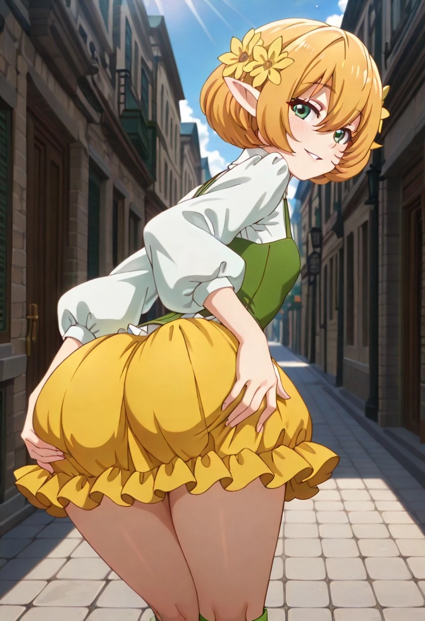 (Aki Minoriko), mob cap, Grapes, Grape Hat Ornament, Wide sleeves, Shirt, Apron, Seductive smile, Short hair, Red Eyes, thick eyelashes, wide hips, farting, butt, bottomless, laying down, looking back at viewer, from behind,
