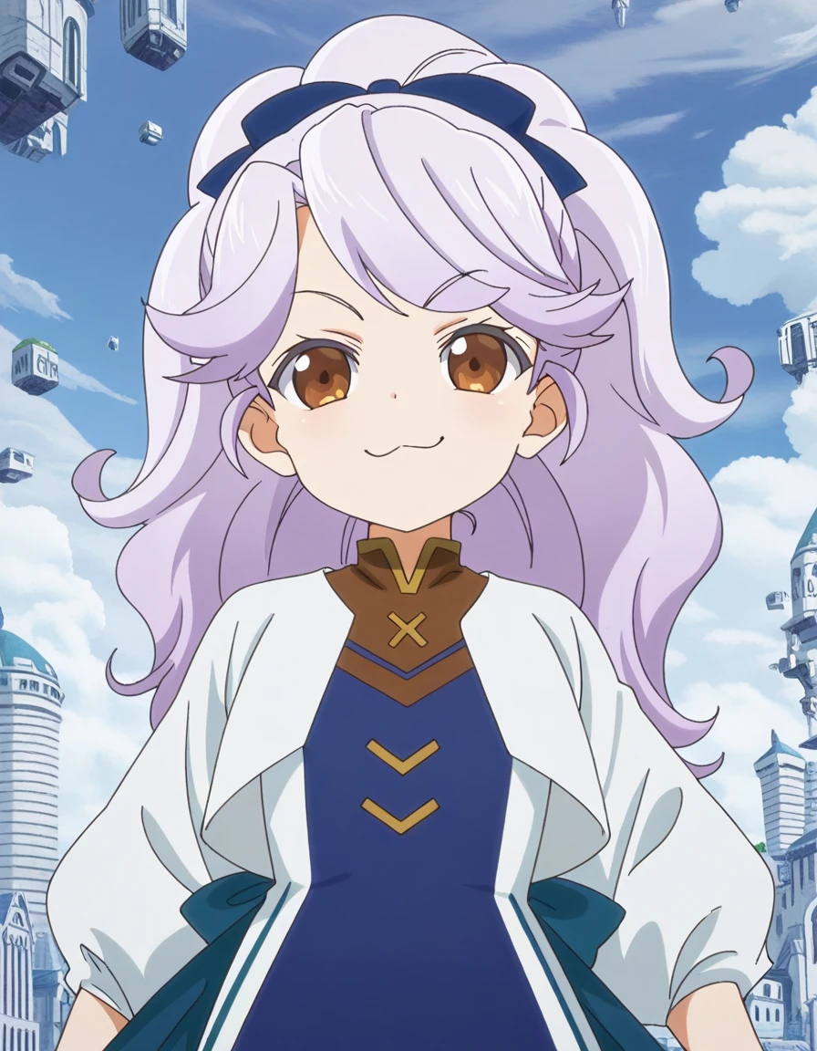 masterpiece, best quality, amazing quality,, <lora:josephine-mille-morteln-s1-illustriousxl-lora-nochekaiser:1>, josephine mille morteln, long hair, brown eyes, purple hair, ponytail, hair bow, blue bow, anime screencap, long sleeves, dress, cropped jacket, white jacket, blue dress, , smug, floating city, sky, futuristic, architecture, clouds, cowboy shot, solo, looking at viewer,