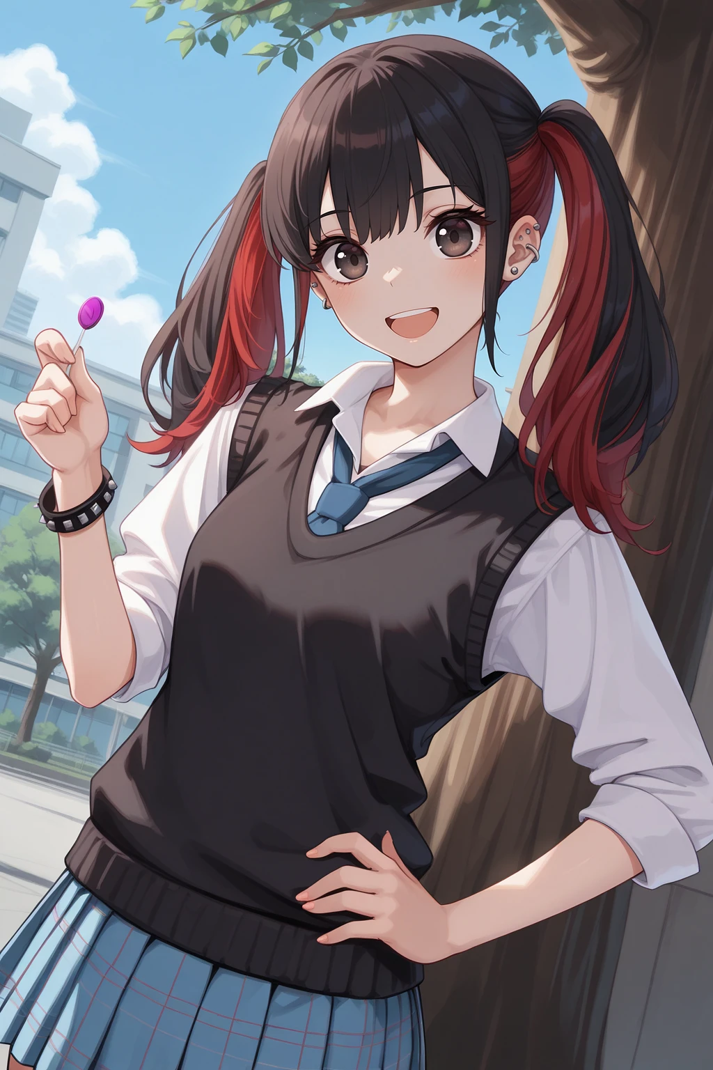 masterpiece, best quality, dutch angle, solo, looking at viewer, smile, :d, 1girl, n0wa, small breasts, black eyes, multicolored hair, black hair, red hair, sidelocks, long hair, twintails, ear piercing, earrings, black sweater vest, white collared shirt, blue necktie, blue skirt, pleated skirt, plaid skirt, studded bracelet, holding lollipop, hand on own hip, pose, tree, building, blue sky, tree, <lora:Hoseki_MyDressUpDarling_NowaSugaya_IllustriousXL_v1:1>
