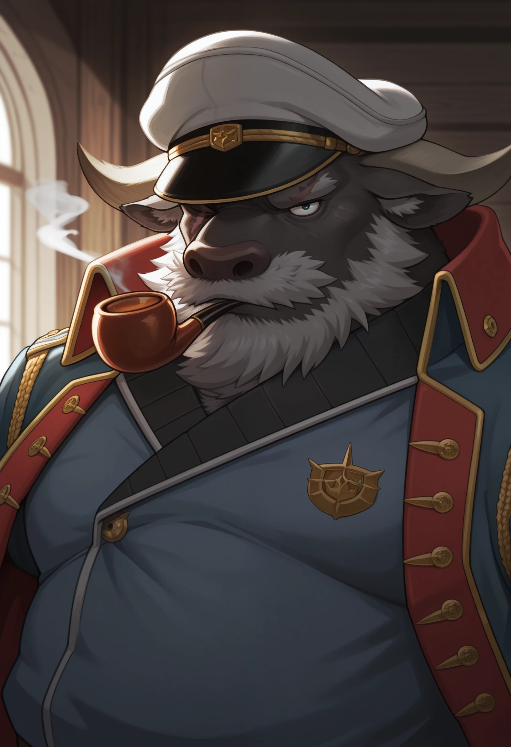 by zackarry911, by zaush, (by personalami:0.5), One, Ahab, bull, brown fur, Two horns, white horns, white beard, Erect penis, masturbation, cum, sweat, pants, uniform, military, military uniform, peaked cap, Men's Second, kemono, hot body, muscle, Beautiful, sexual, Attractive guy, (Detailed black eyes), brows, (masterpiece, A high resolution, Best quality), 4K, a male, Ahab portrait, Beautiful shadow, from side, grin, white teeth,