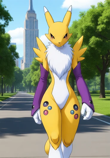 r3n4m0n2003, an anthro furry digimon female of a Renamon Digimon is just walking in the park New York, detailed background, animation, cartoon,